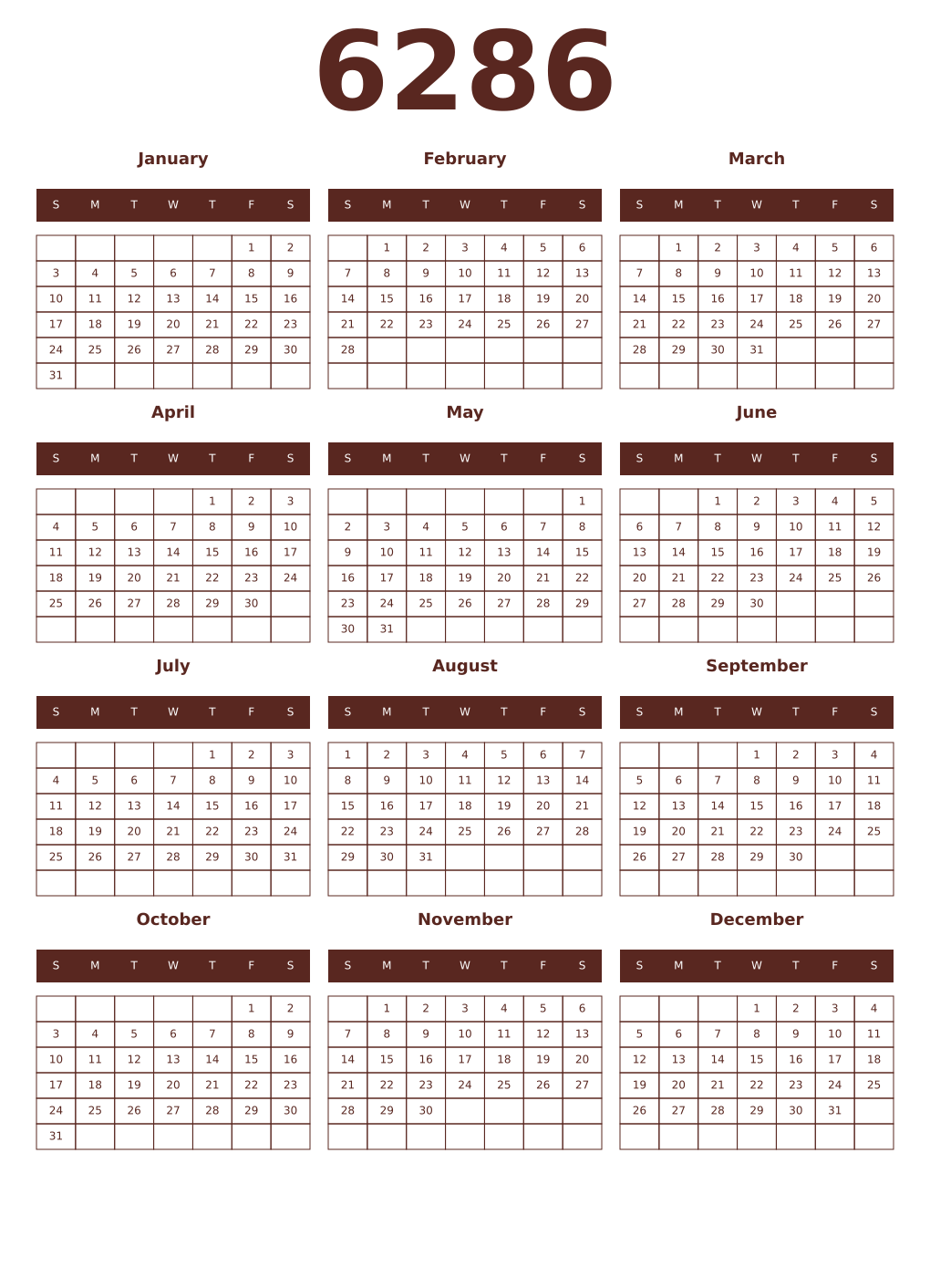 Printable 6286 Year Calendars mortuum