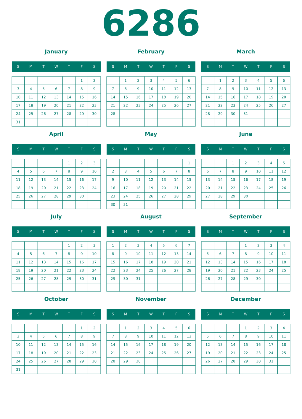 Printable 6286 Year Calendars pastel