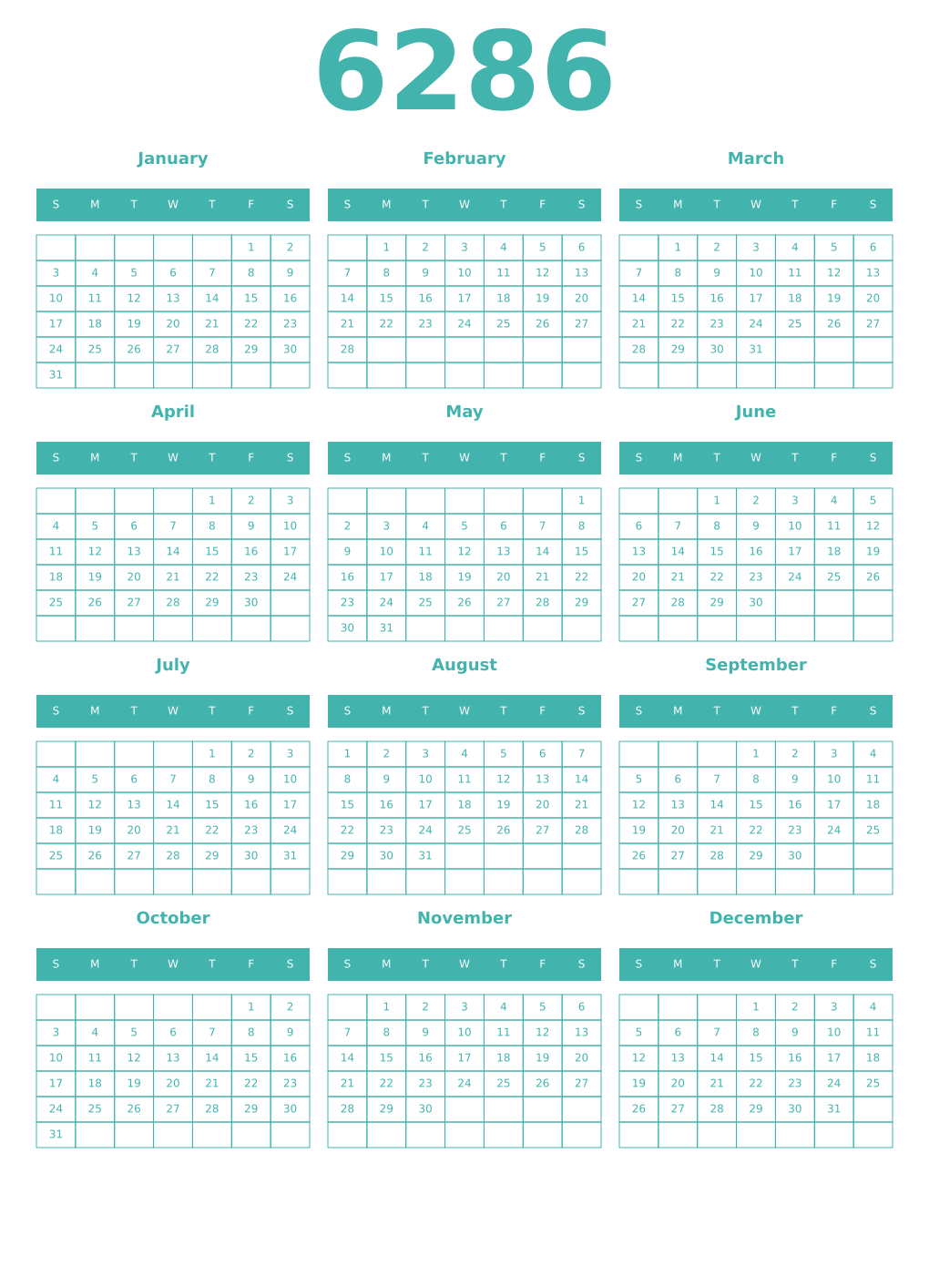 Printable 6286 Year Calendars verdigris