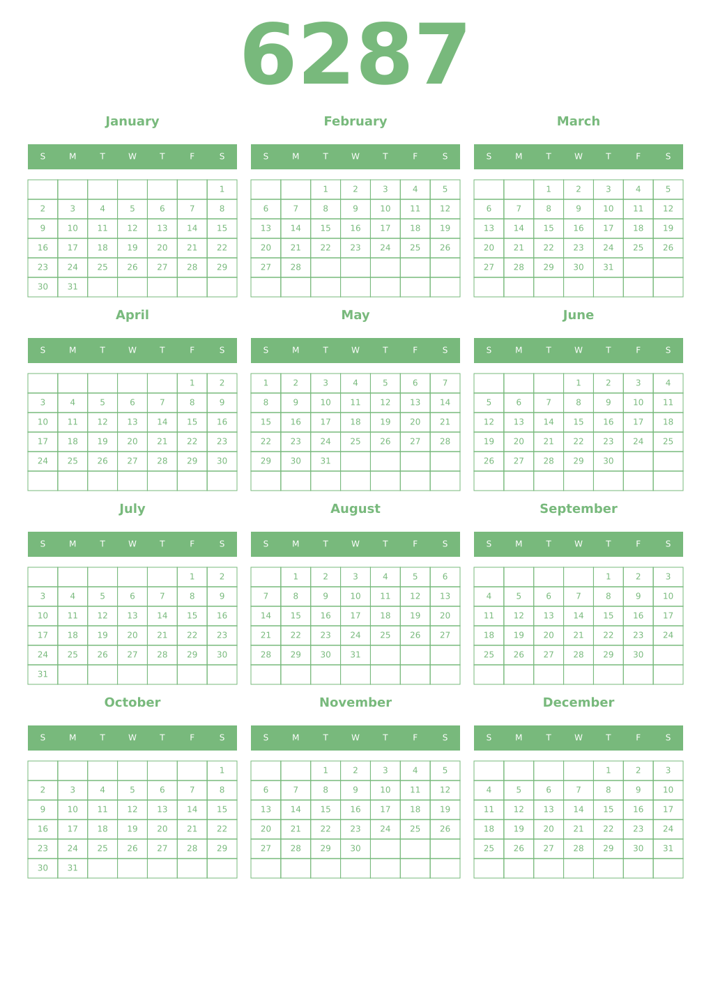 Printable 6287 Year Calendars celadon