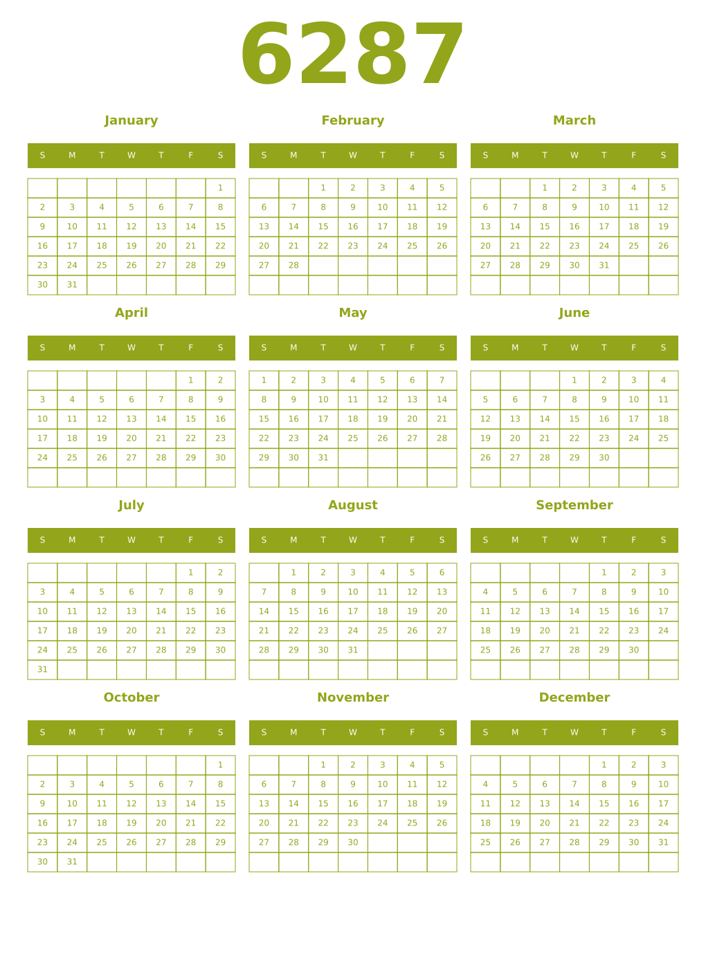 Printable 6287 Year Calendars chartreuse