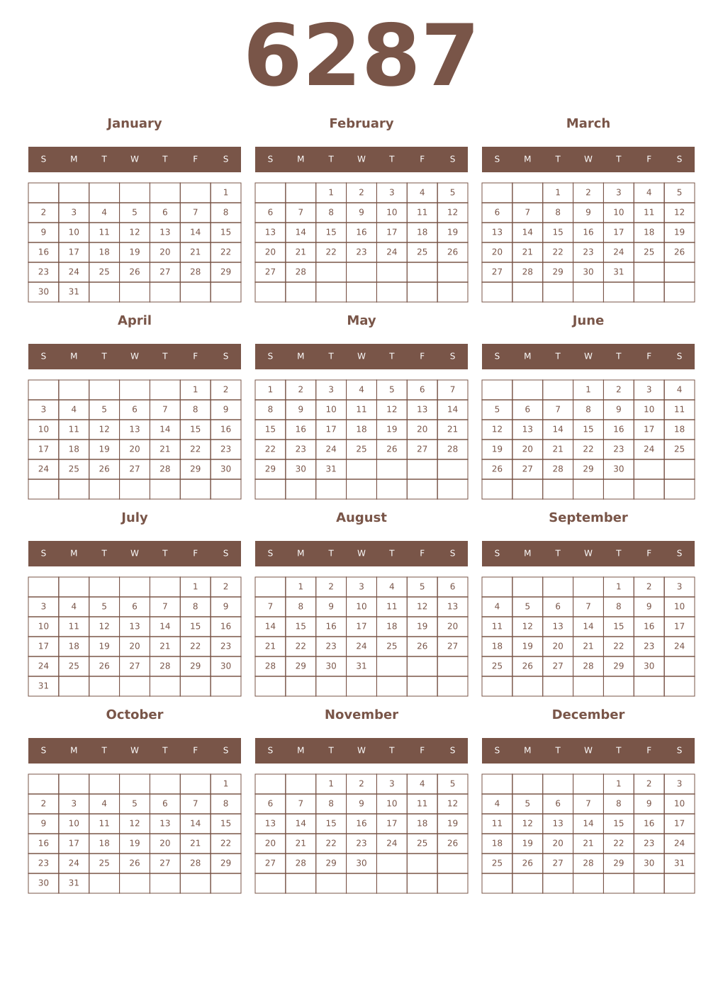 Printable 6287 Year Calendars coffe