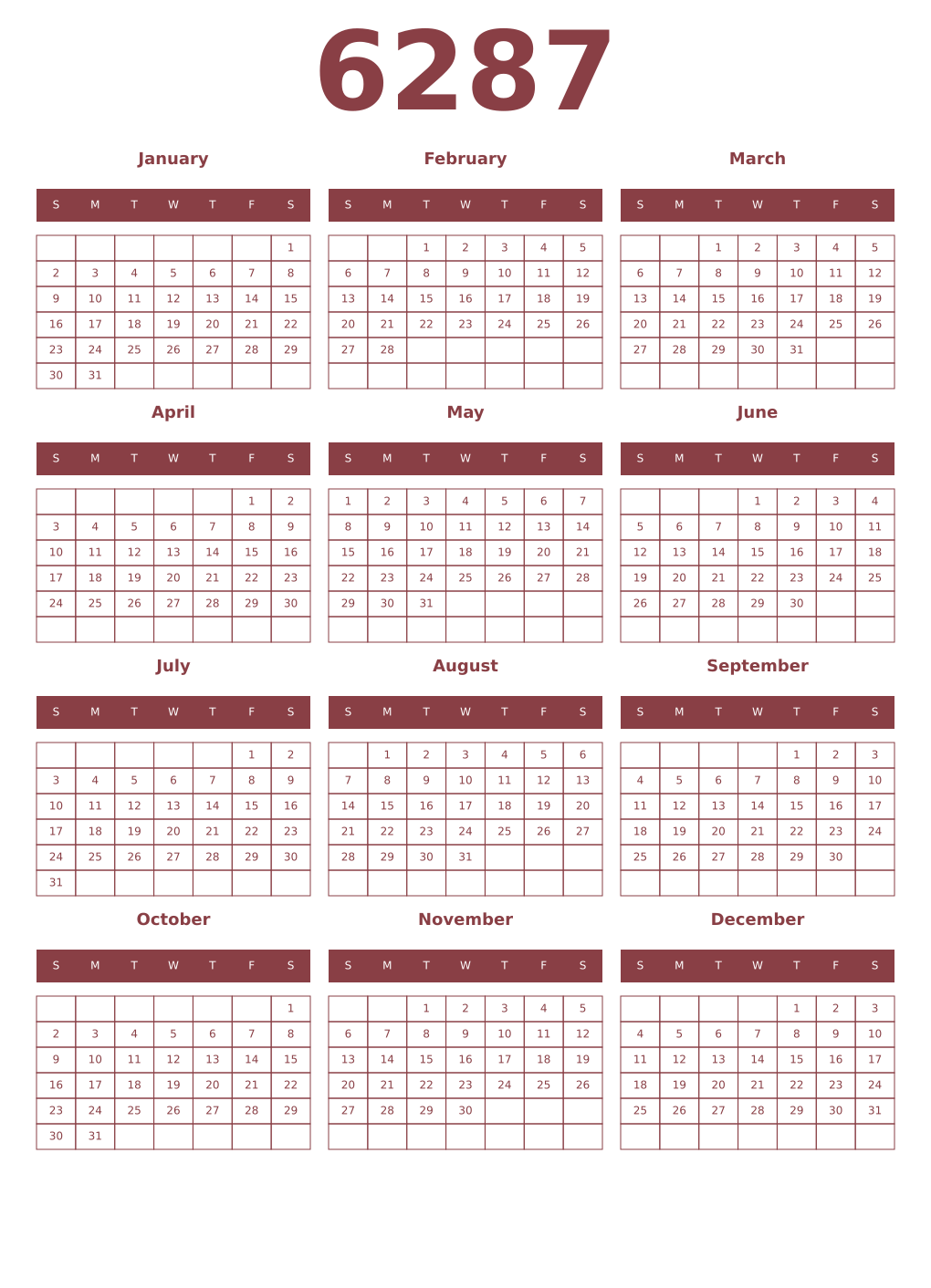 Printable 6287 Year Calendars cordovan