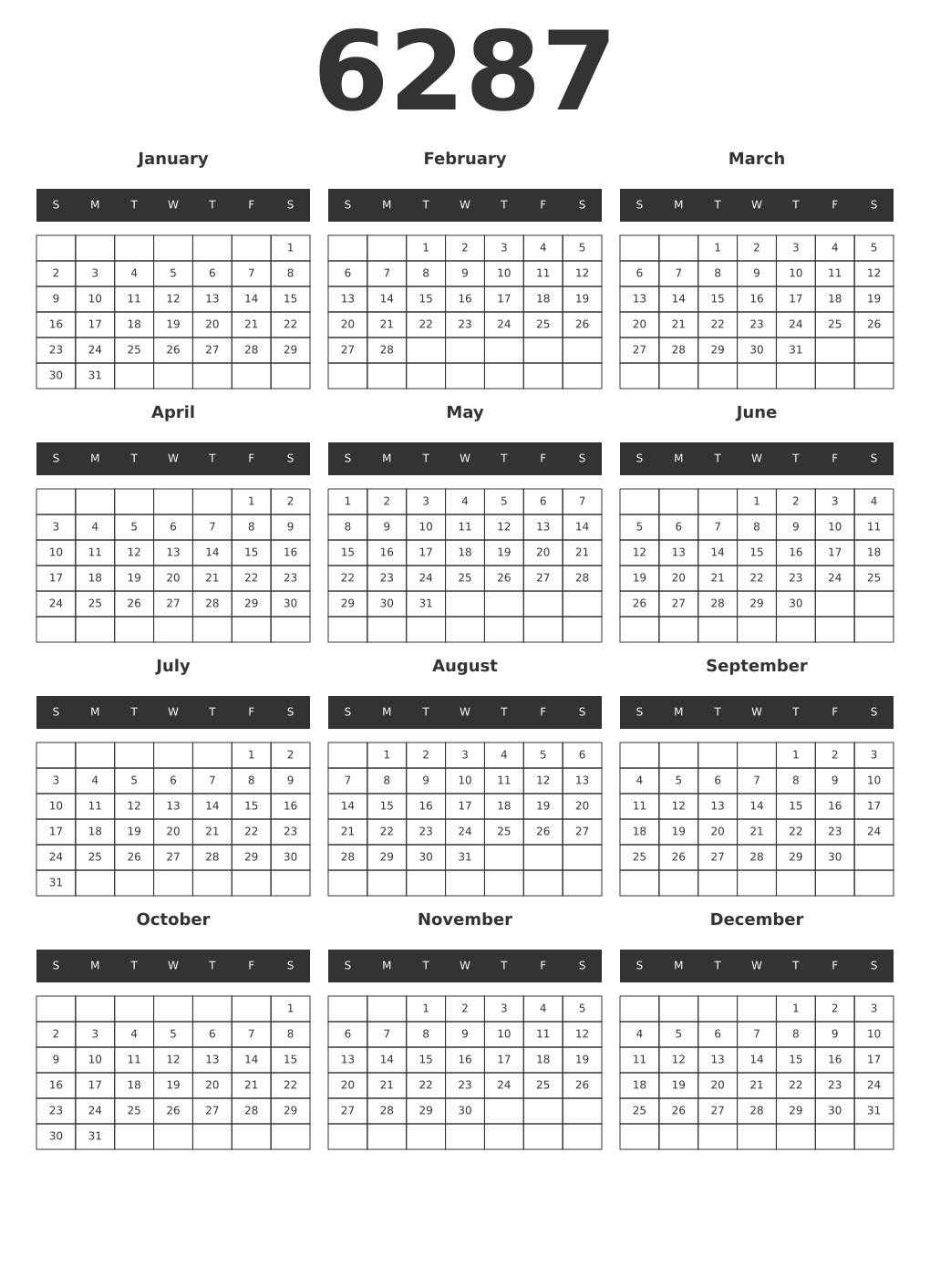 Printable 6287 Year Calendars dark
