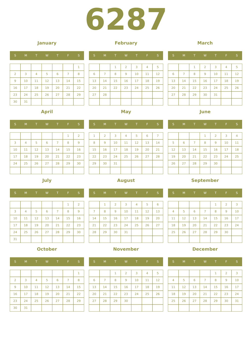 Printable 6287 Year Calendars eburnean
