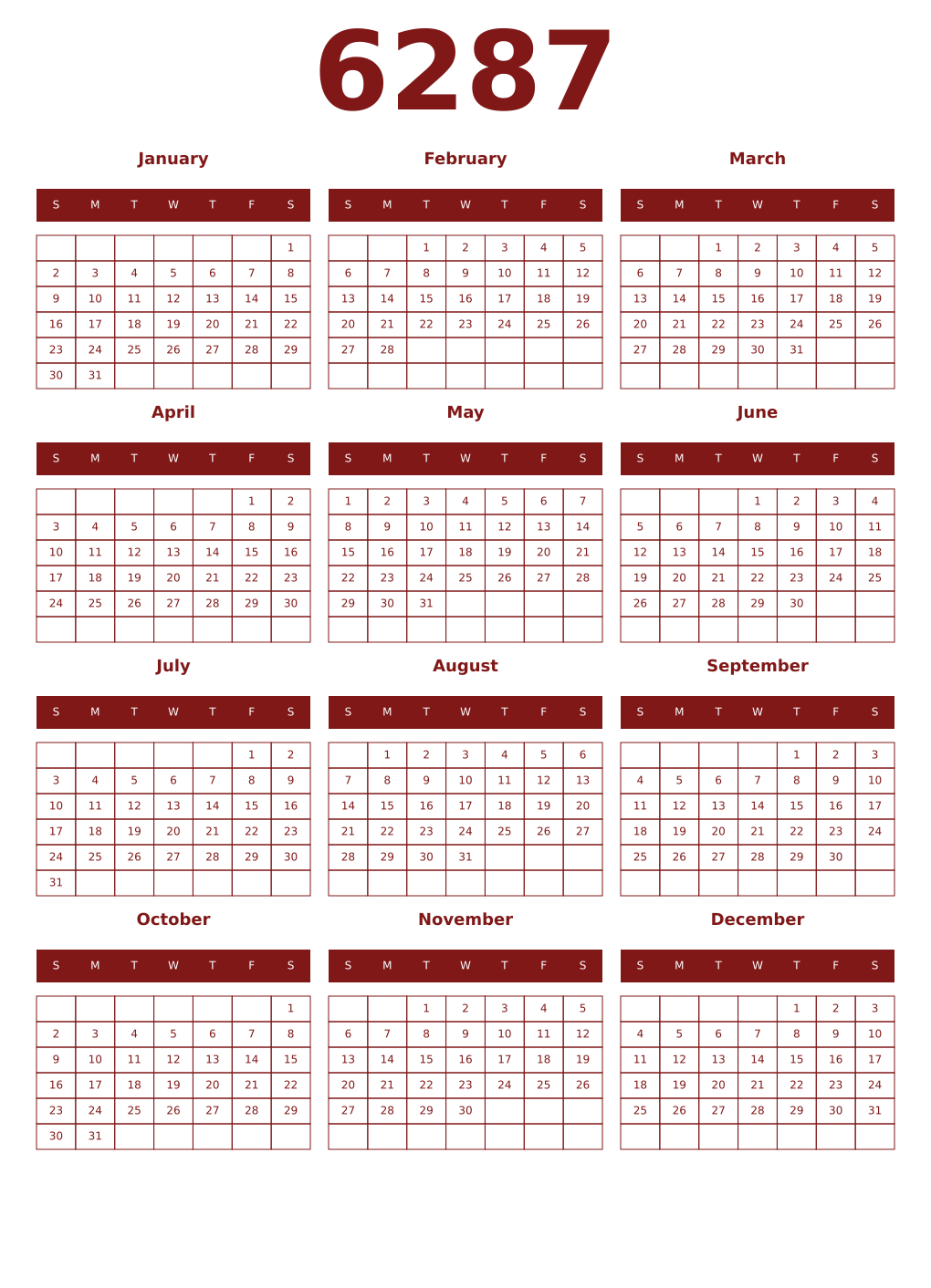 Printable 6287 Year Calendars falu