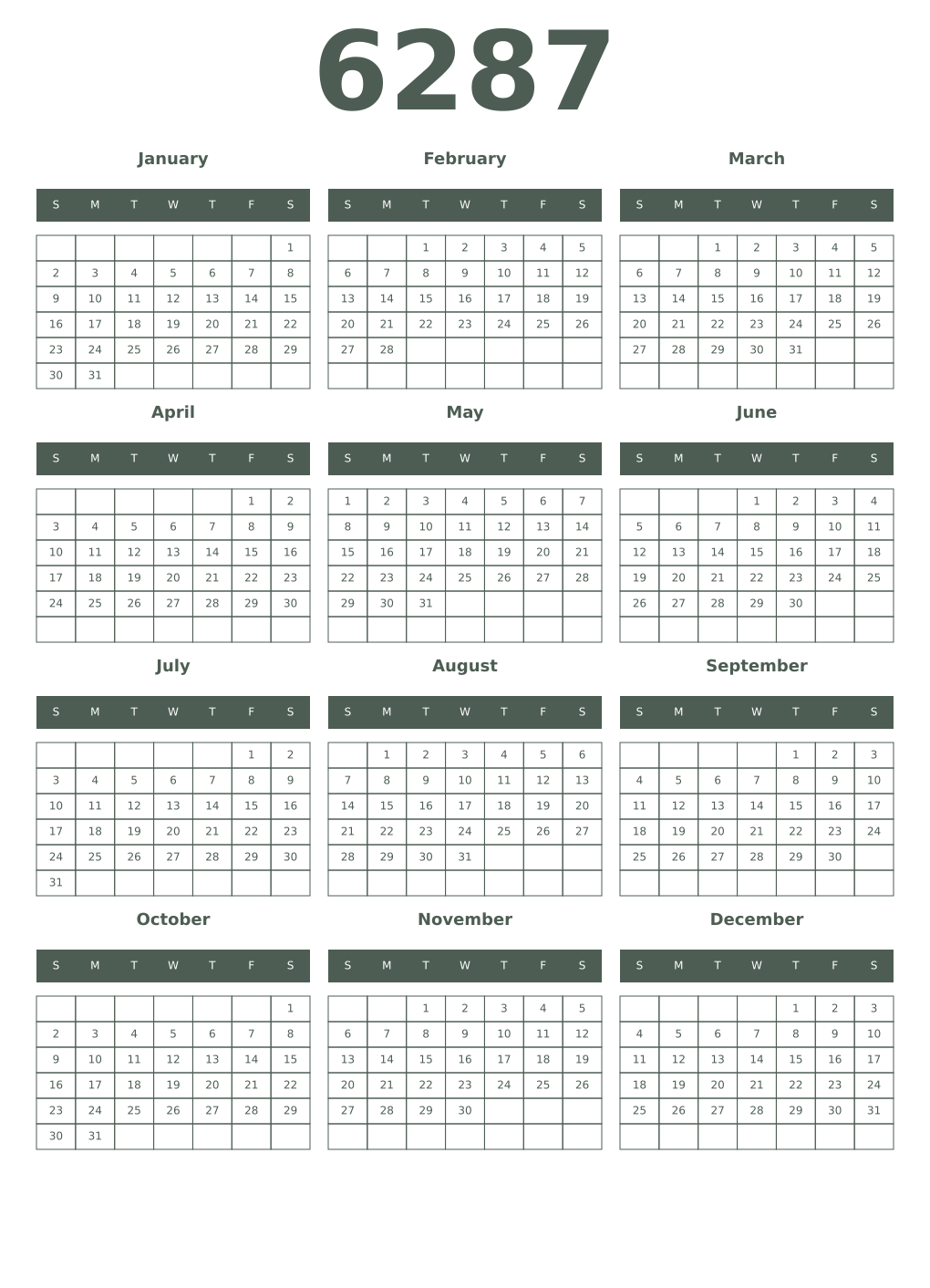 Printable 6287 Year Calendars feldgrau