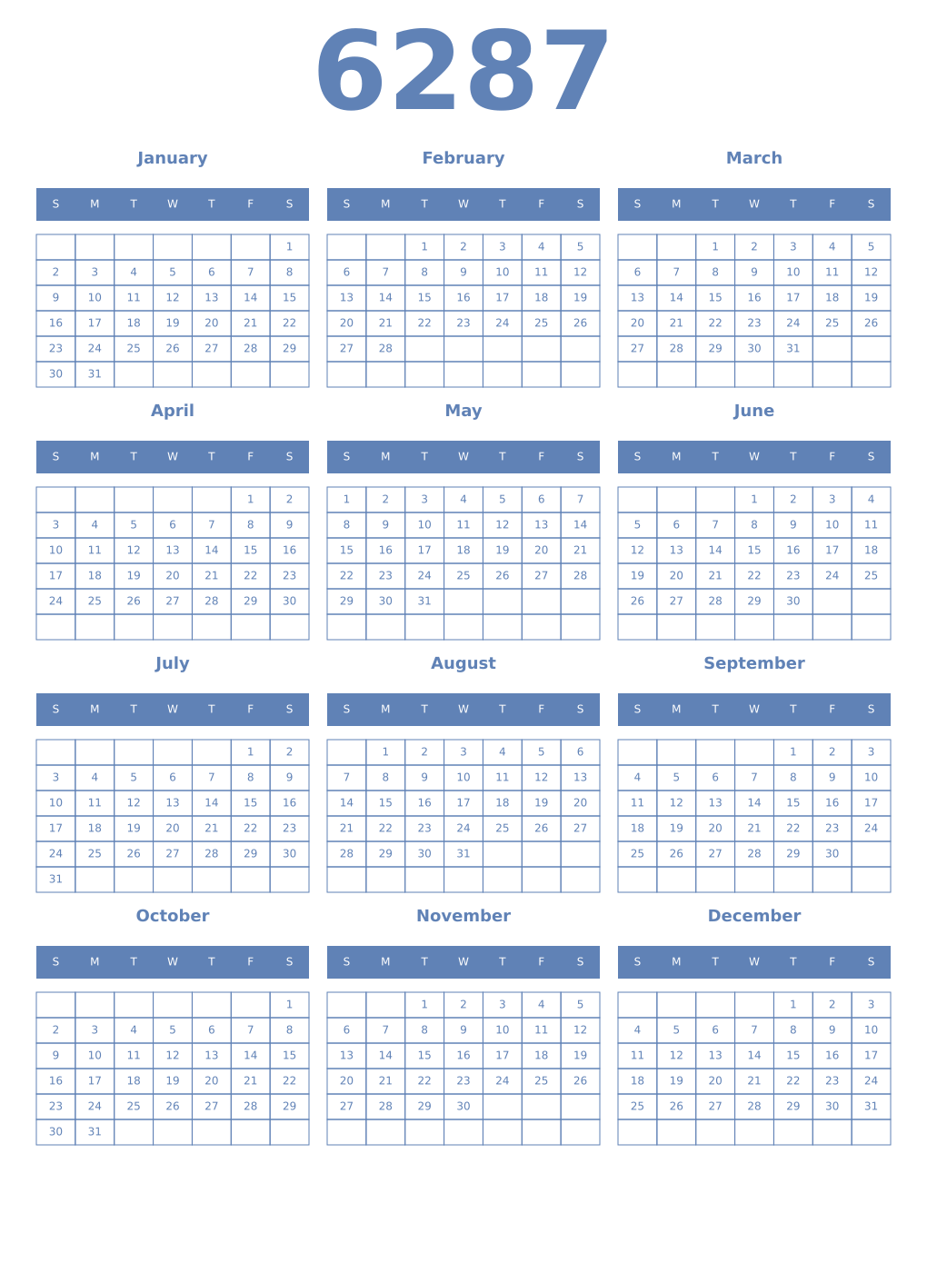 Printable 6287 Year Calendars glaucous