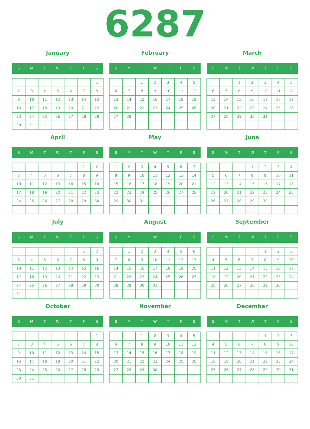 Printable 6287 Year Calendars green