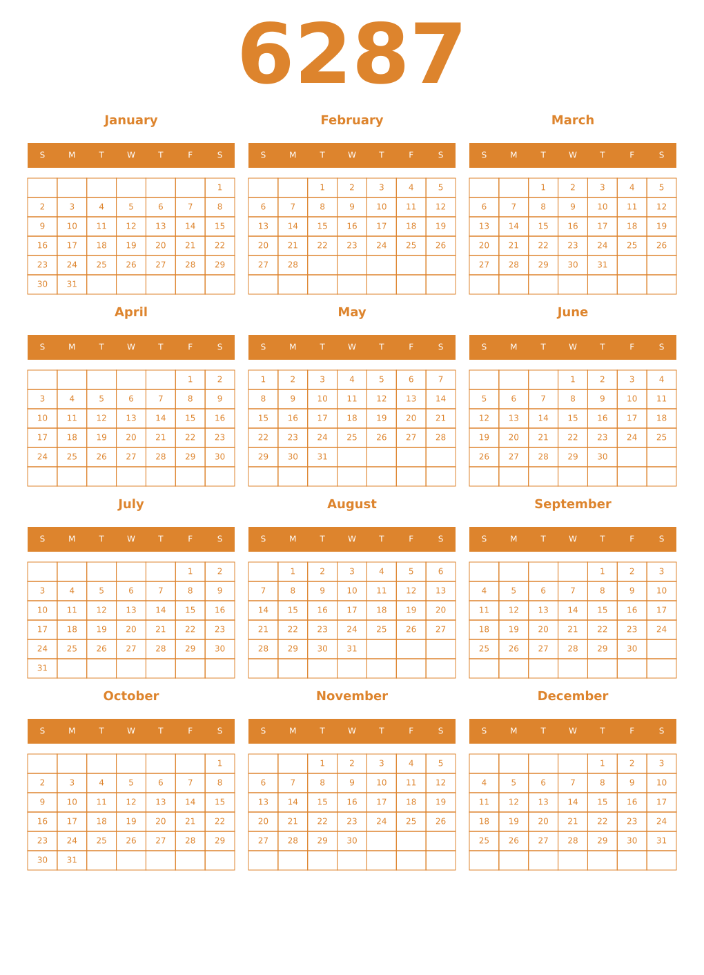 Printable 6287 Year Calendars orange