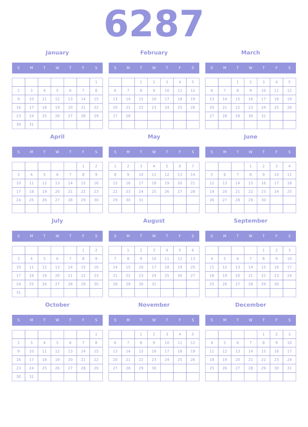 Printable 6287 Year Calendars periwinkle
