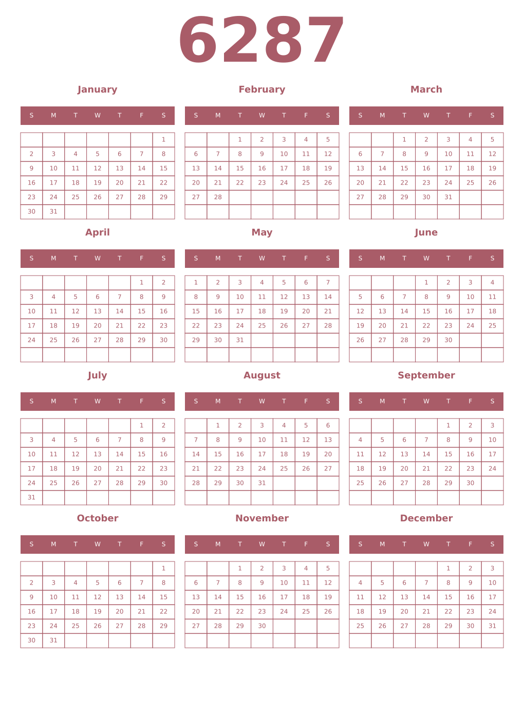 Printable 6287 Year Calendars puce