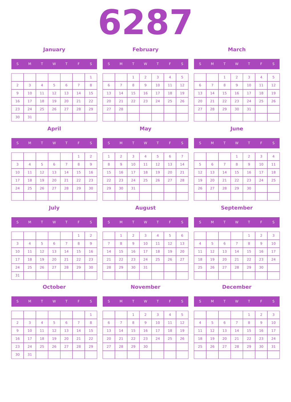 Printable 6287 Year Calendars purple