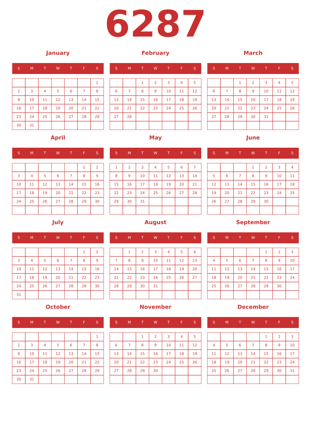 Printable 6287 Year Calendars red