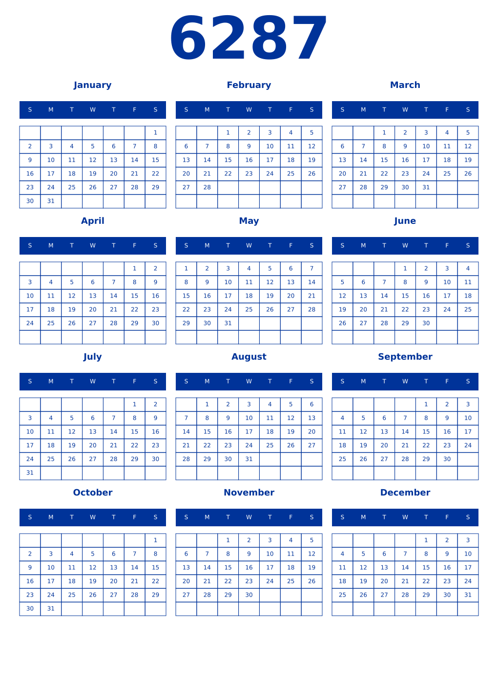 Printable 6287 Year Calendars smalt