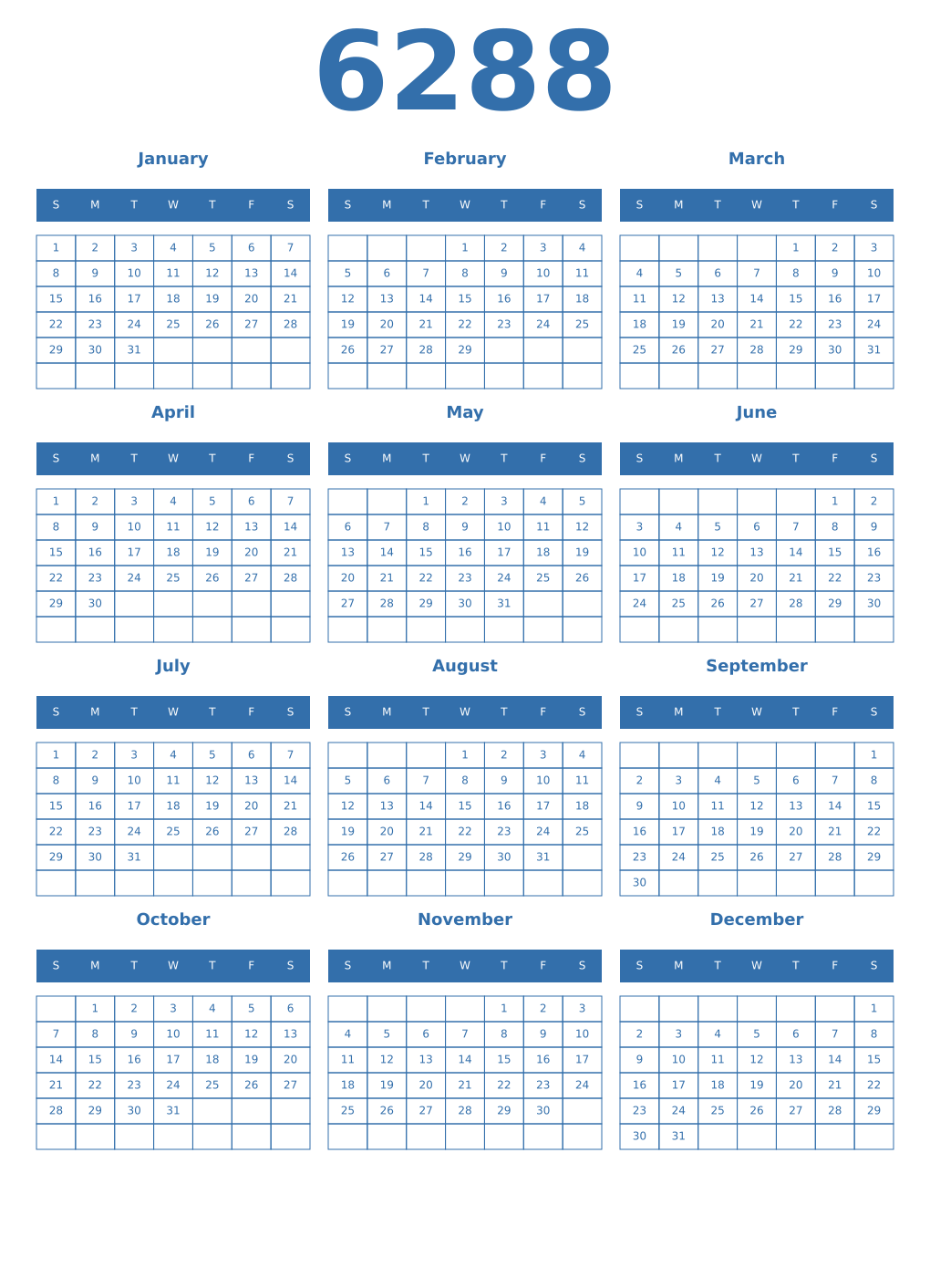 Printable 6288 Year Calendars blue