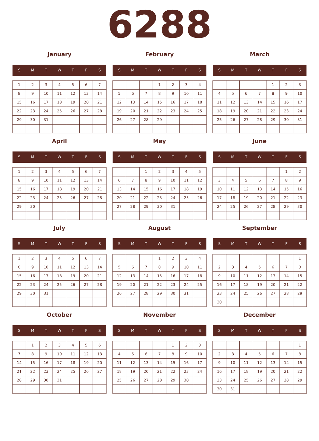Printable 6288 Year Calendars mortuum