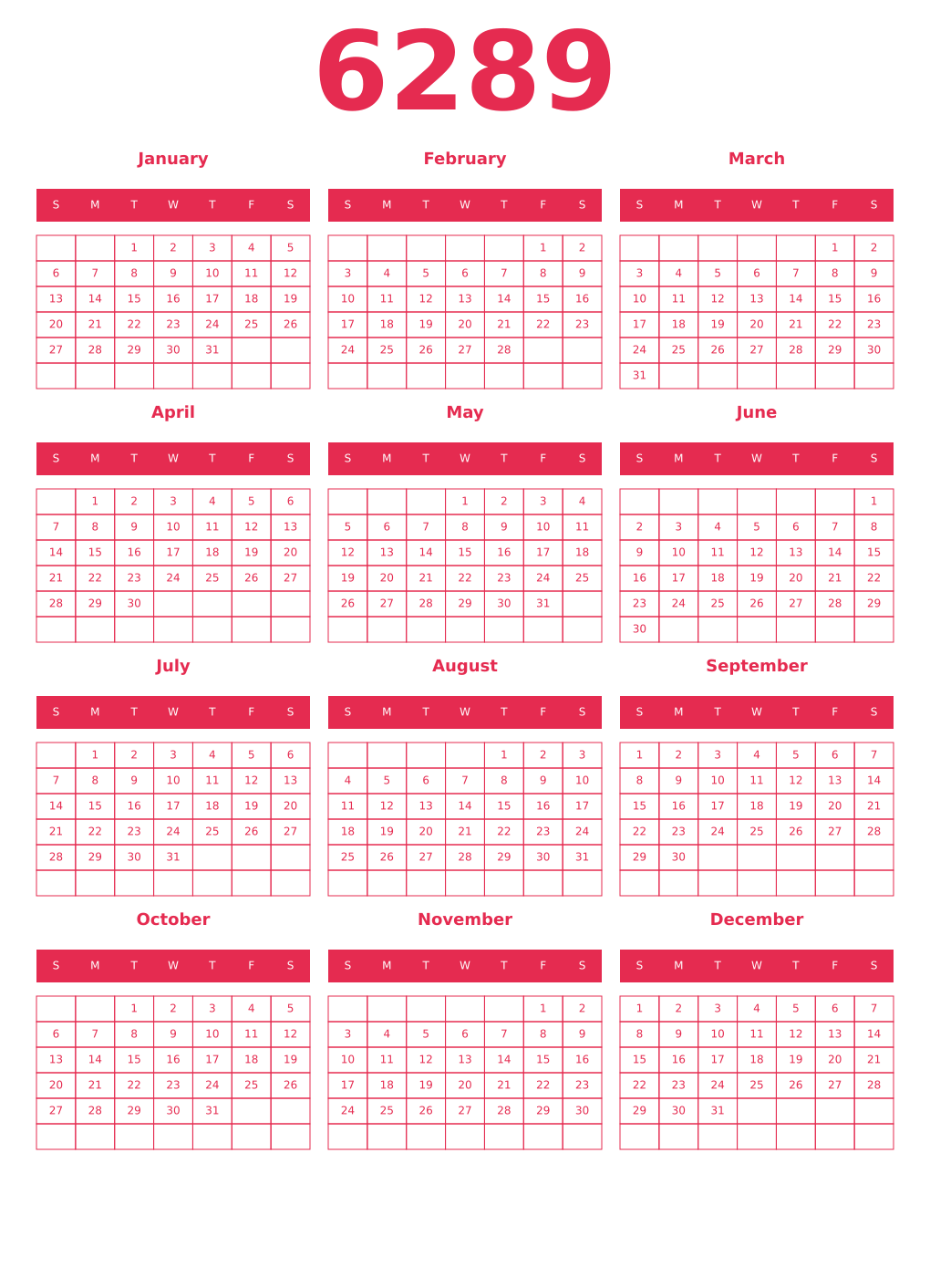 Printable 6289 Year Calendars amaranth