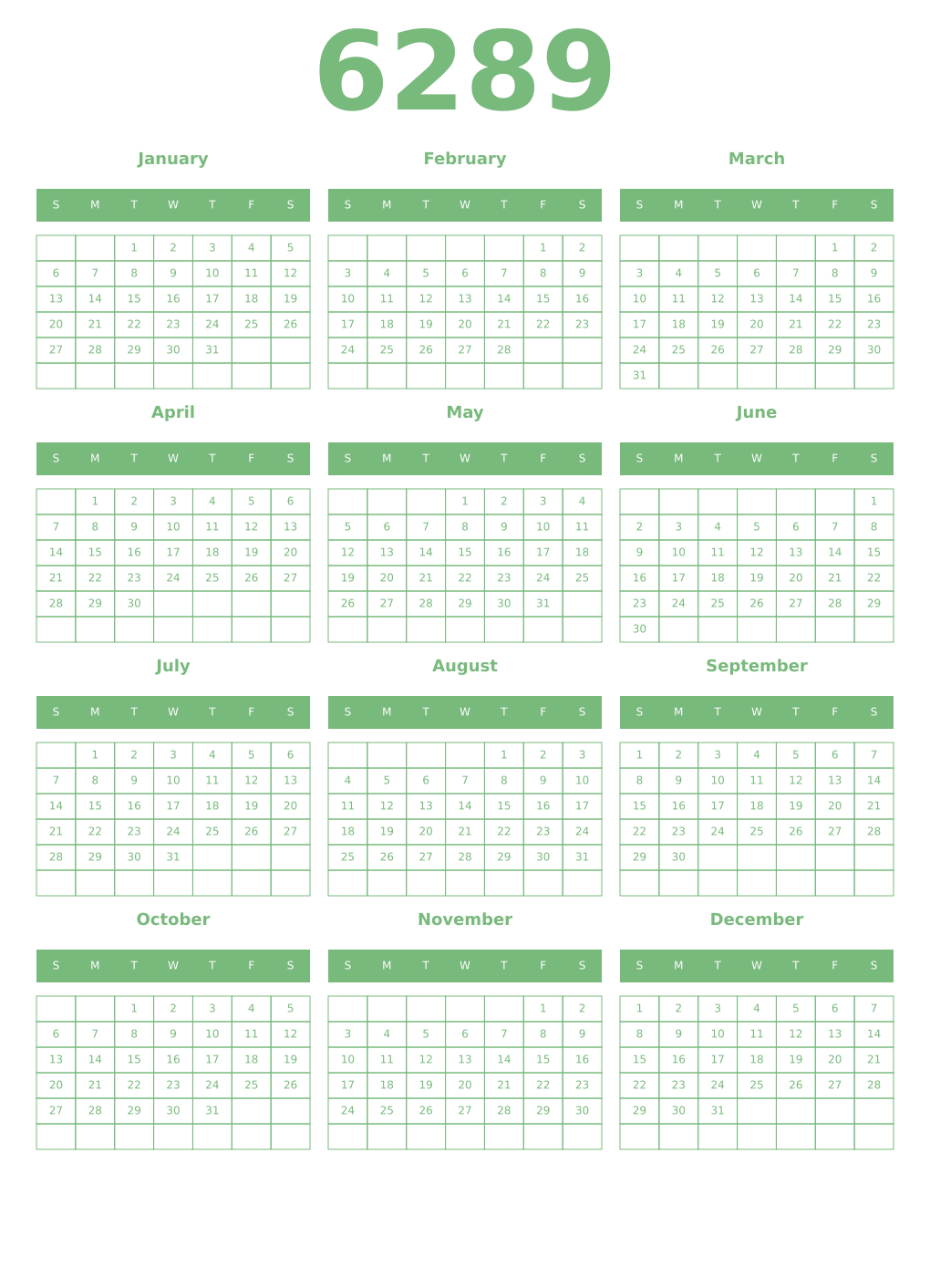 Printable 6289 Year Calendars celadon