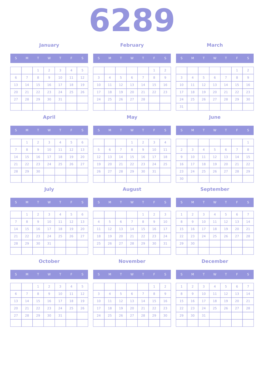 Printable 6289 Year Calendars periwinkle
