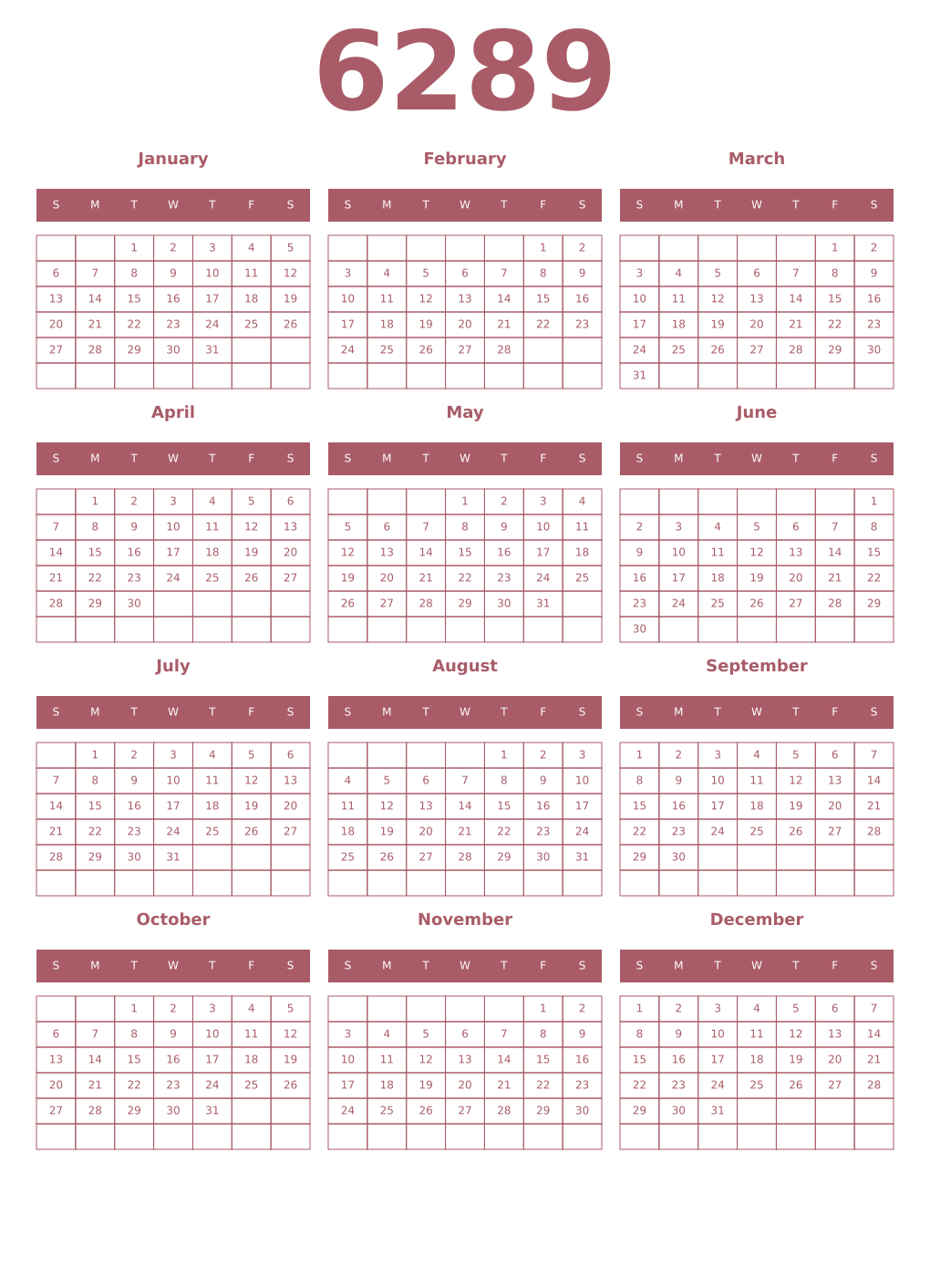 Printable 6289 Year Calendars puce