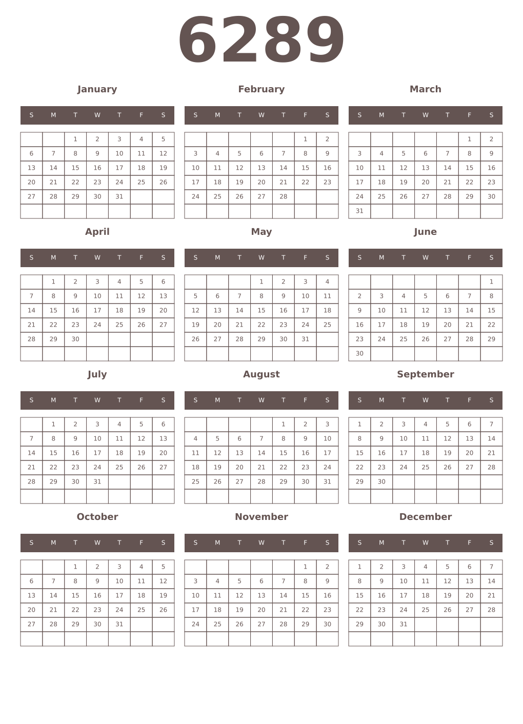 Printable 6289 Year Calendars wenge
