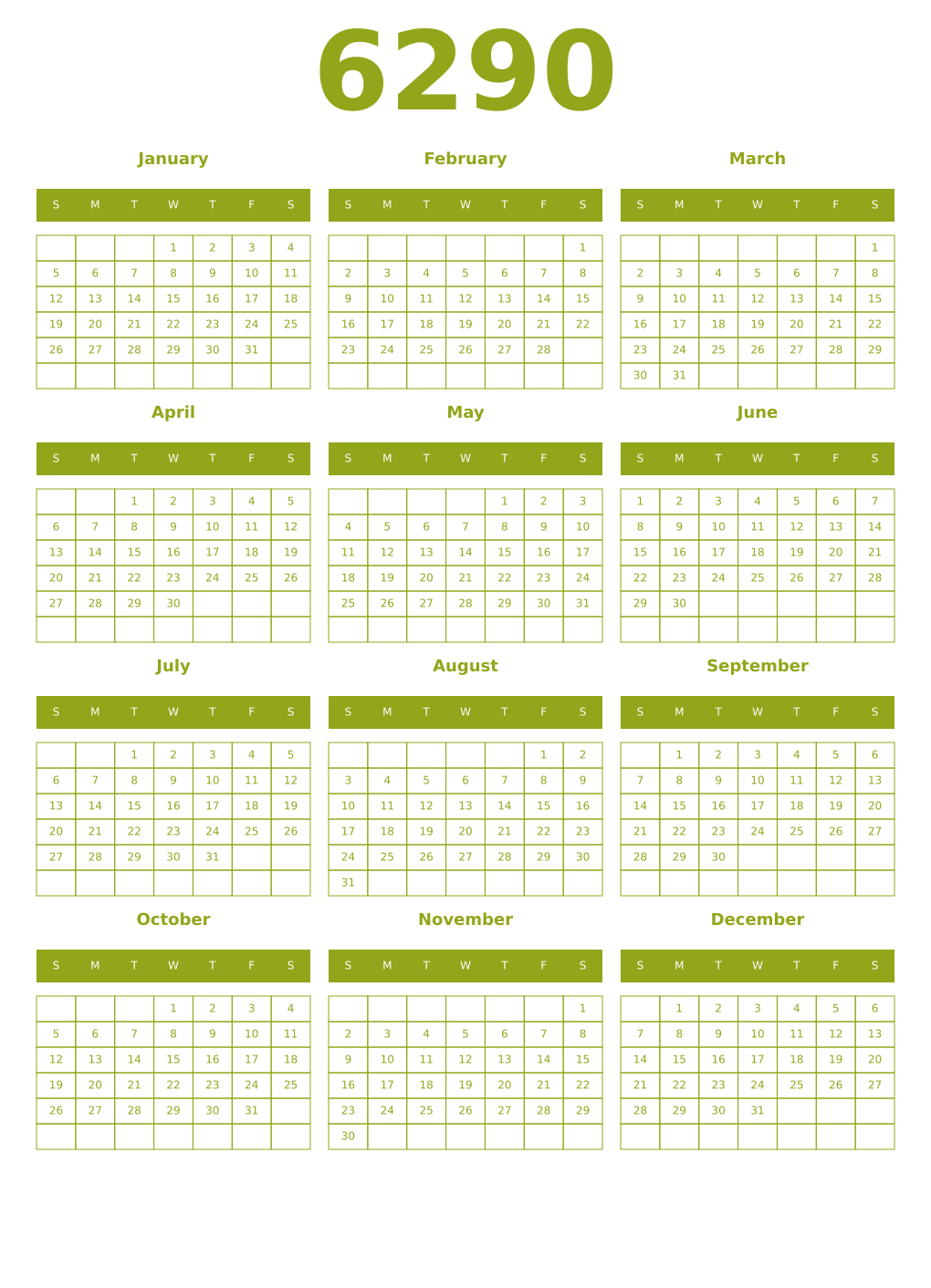 Printable 6290 Year Calendars chartreuse