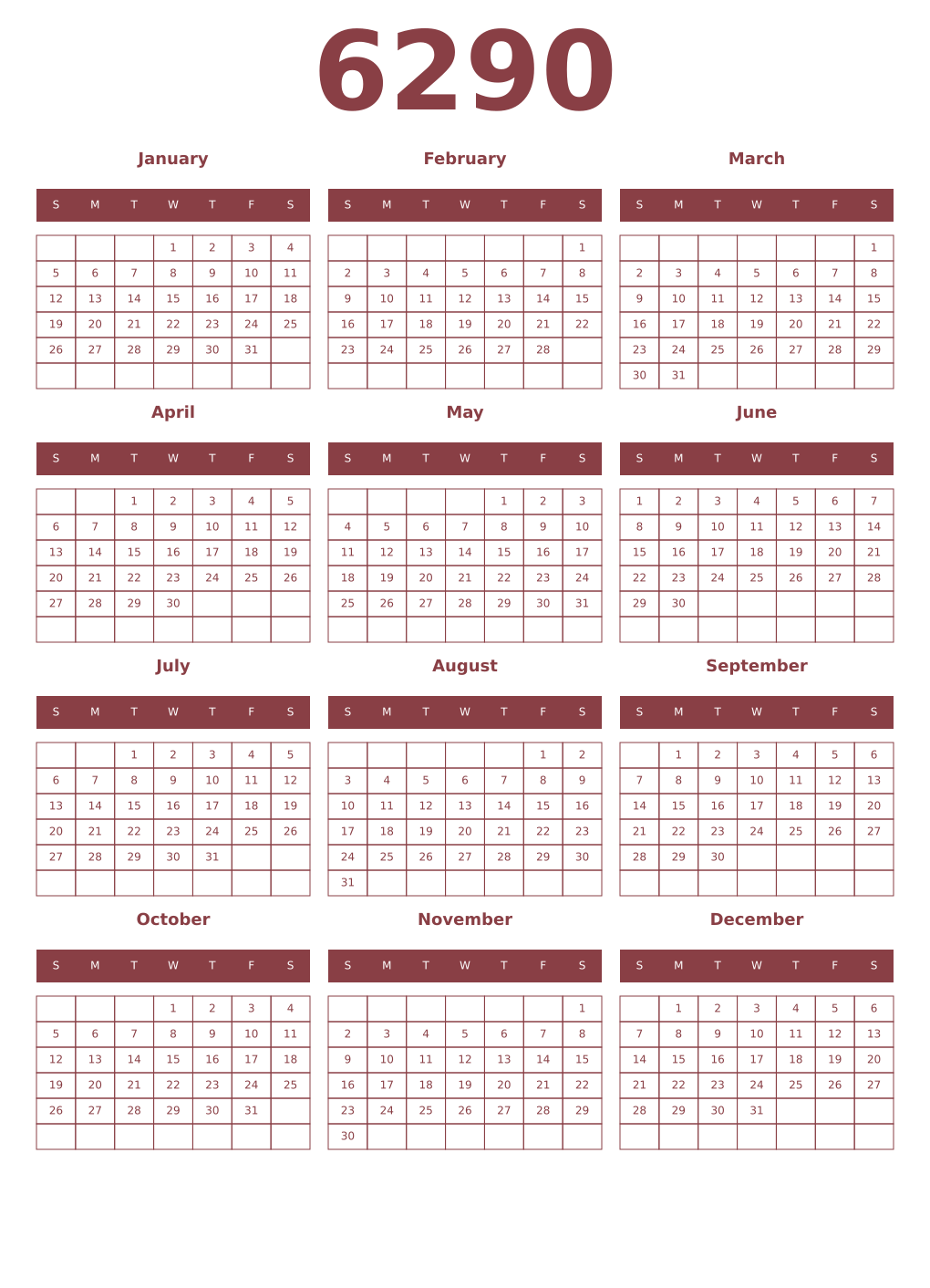 Printable 6290 Year Calendars cordovan