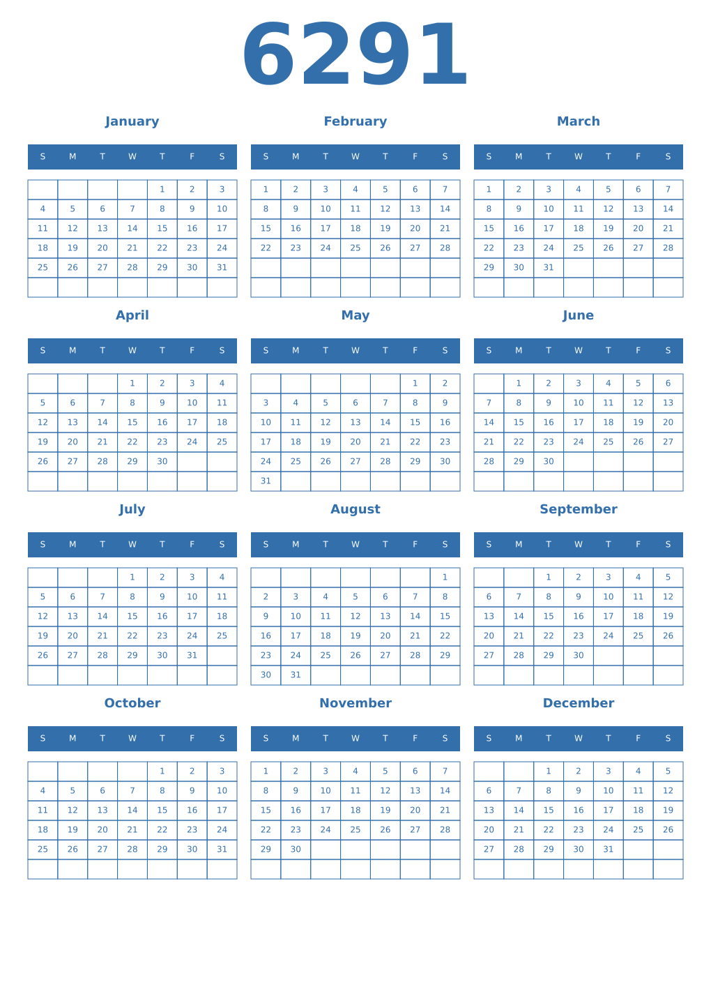 Printable 6291 Year Calendars blue