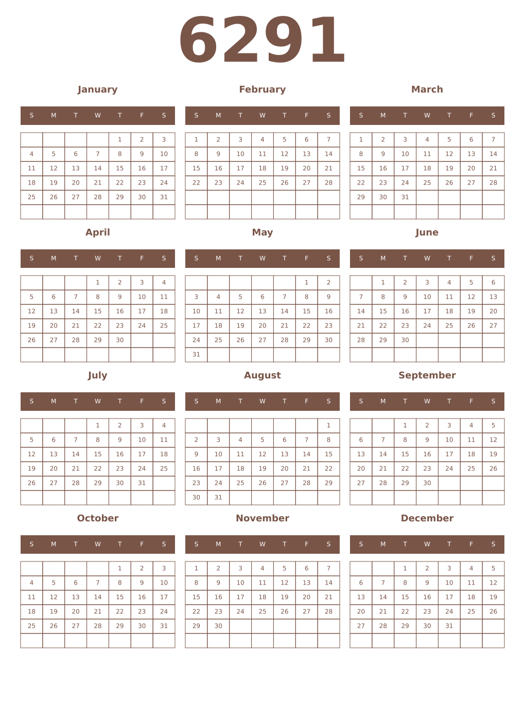 Printable 6291 Year Calendars coffe