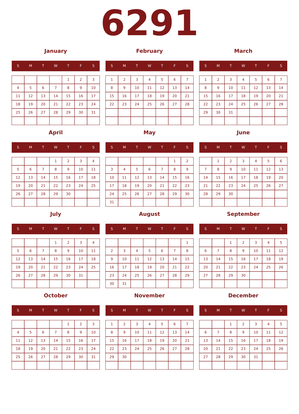 Printable 6291 Year Calendars falu