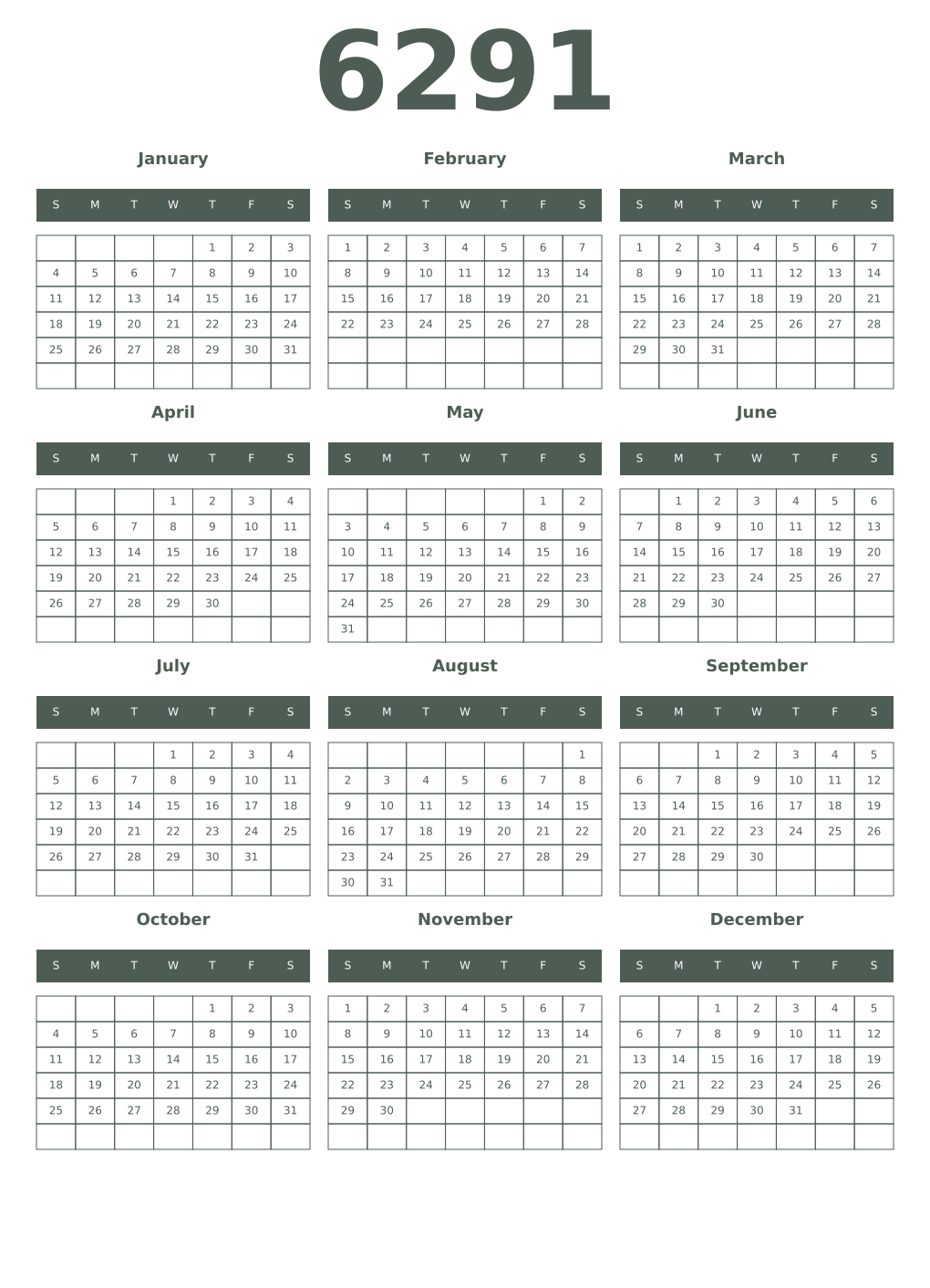 Printable 6291 Year Calendars feldgrau