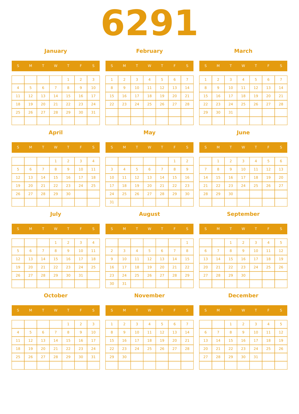 Printable 6291 Year Calendars gamboge