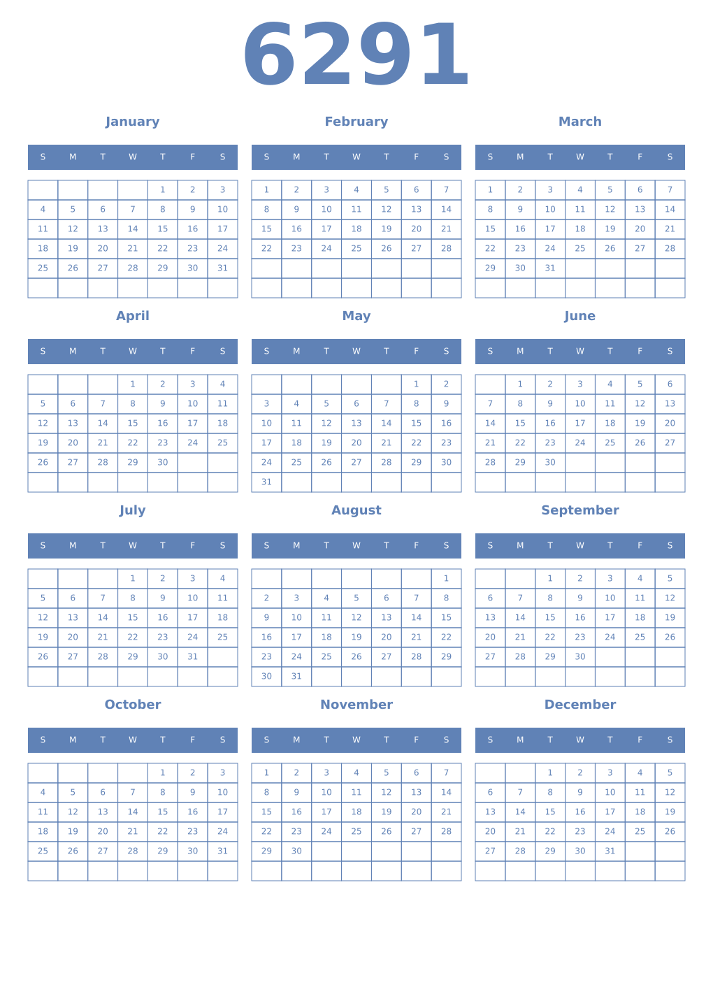 Printable 6291 Year Calendars glaucous
