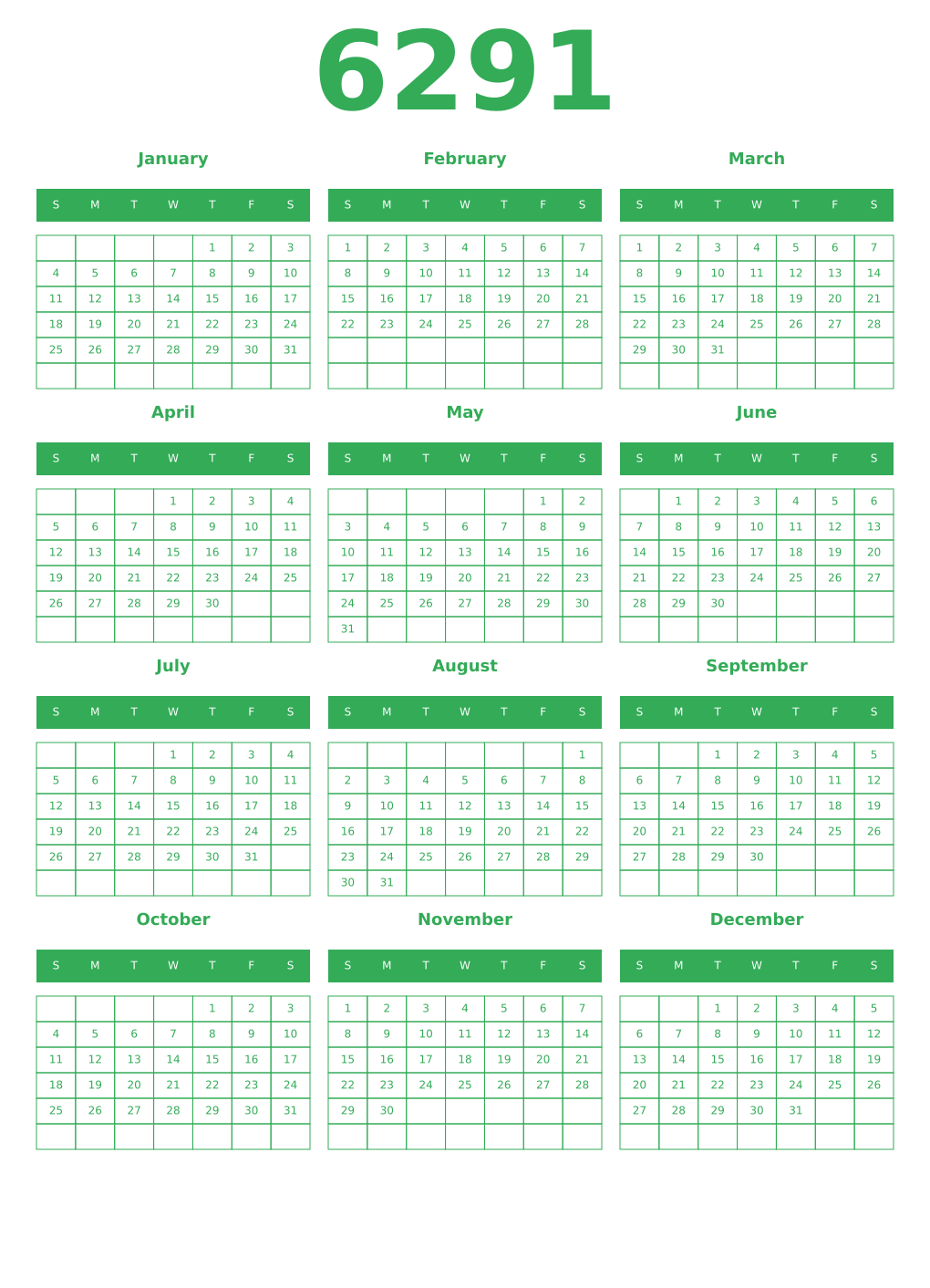 Printable 6291 Year Calendars green