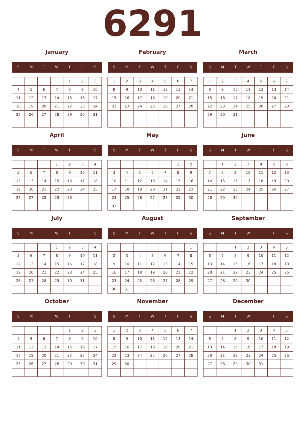 Printable 6291 Year Calendars mortuum