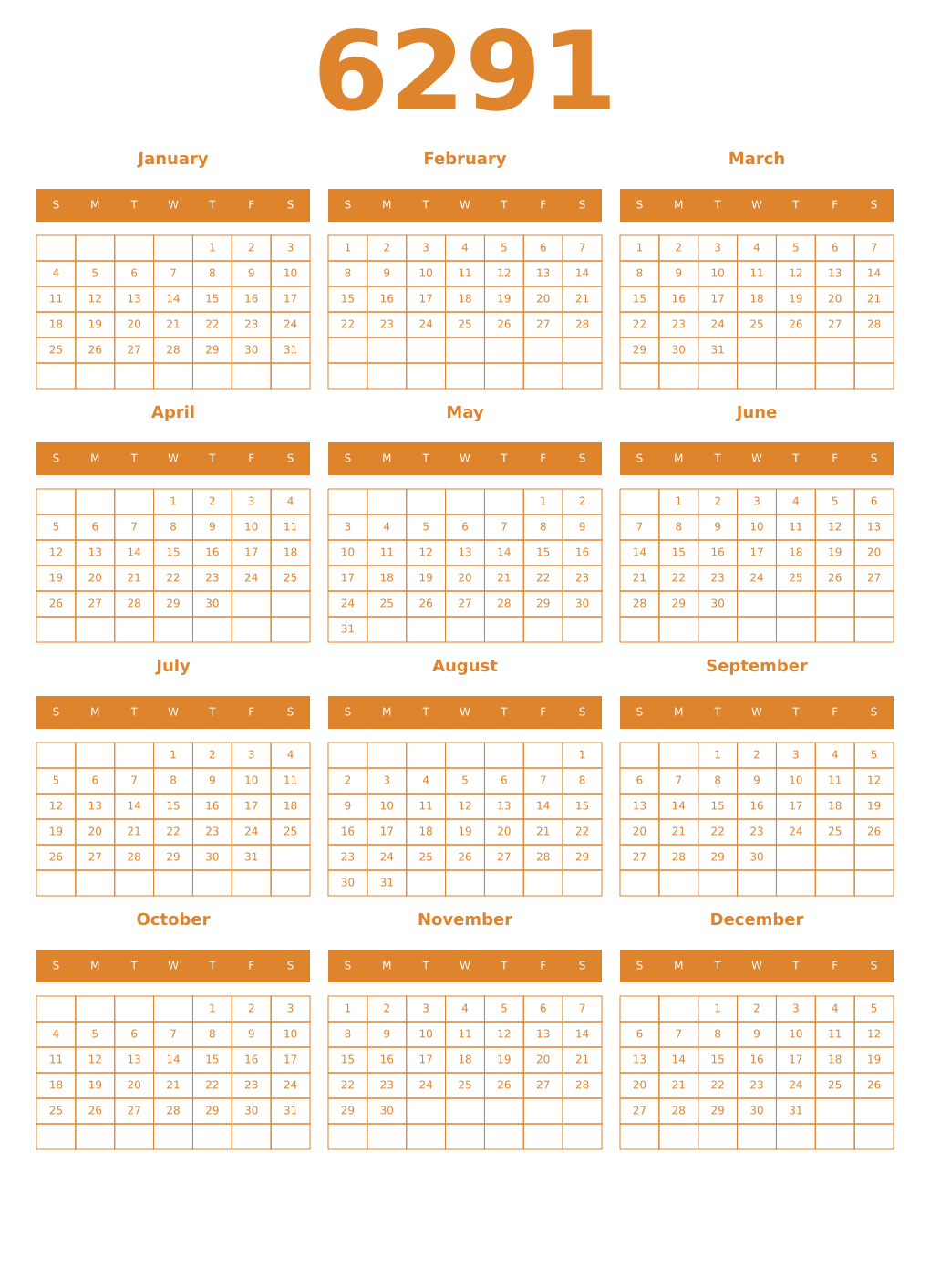 Printable 6291 Year Calendars orange