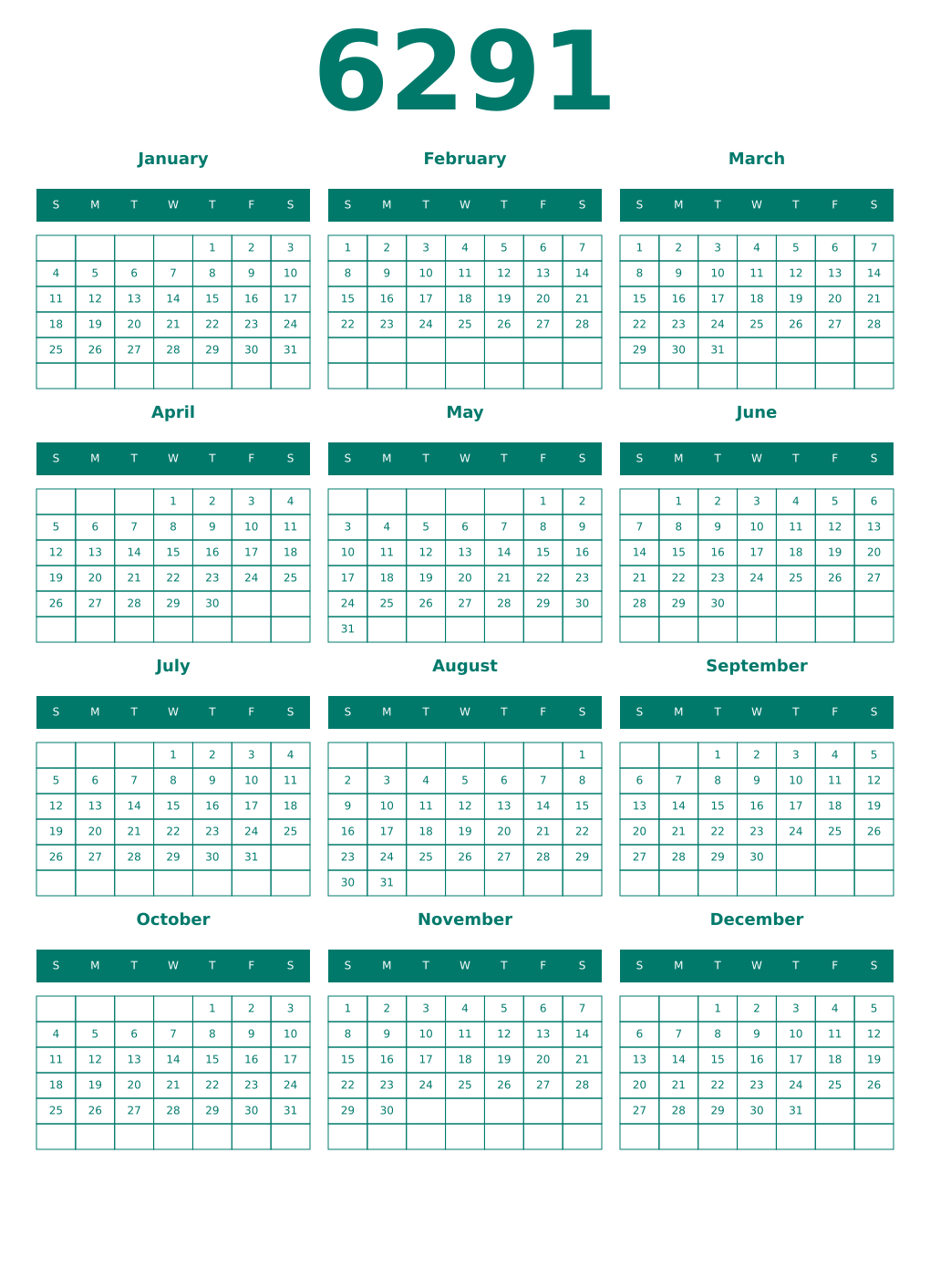Printable 6291 Year Calendars pastel