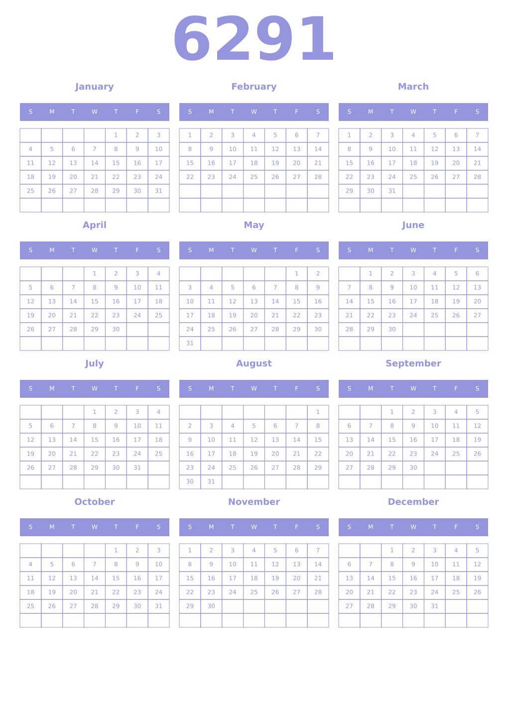 Printable 6291 Year Calendars periwinkle