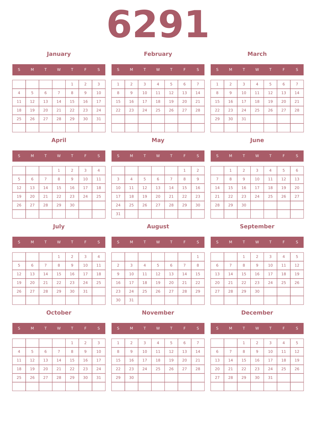 Printable 6291 Year Calendars puce