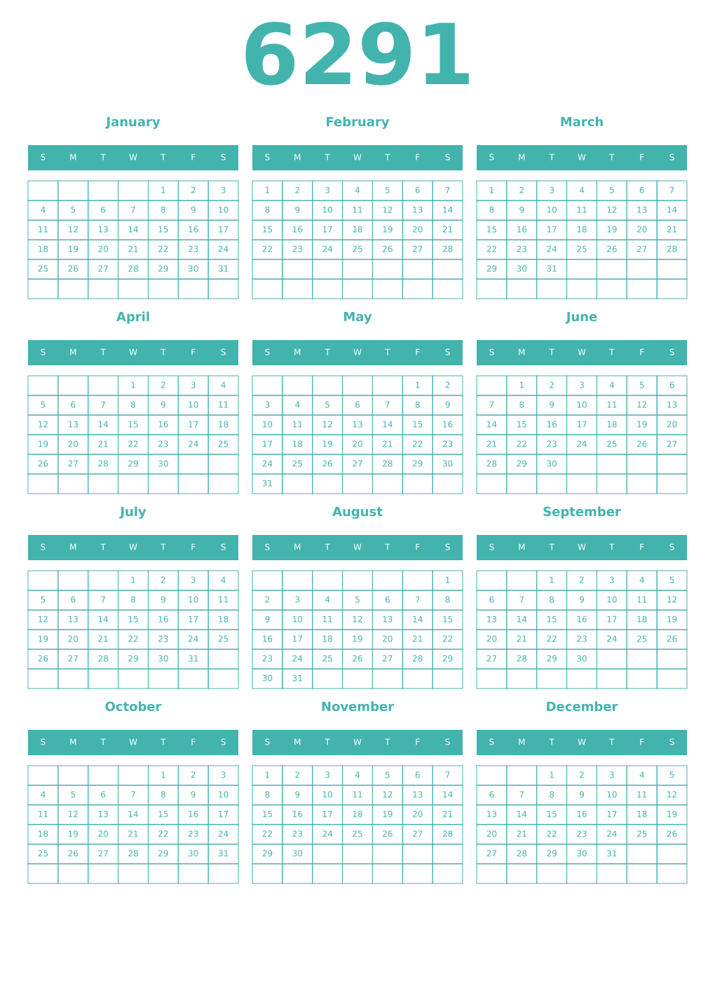 Printable 6291 Year Calendars verdigris