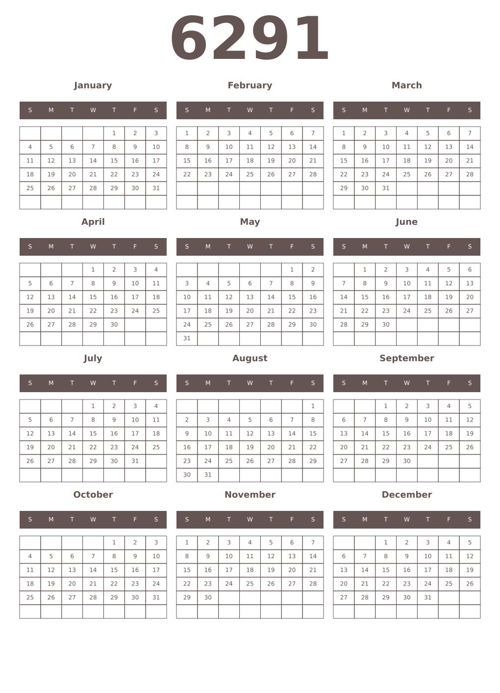 Printable 6291 Year Calendars wenge