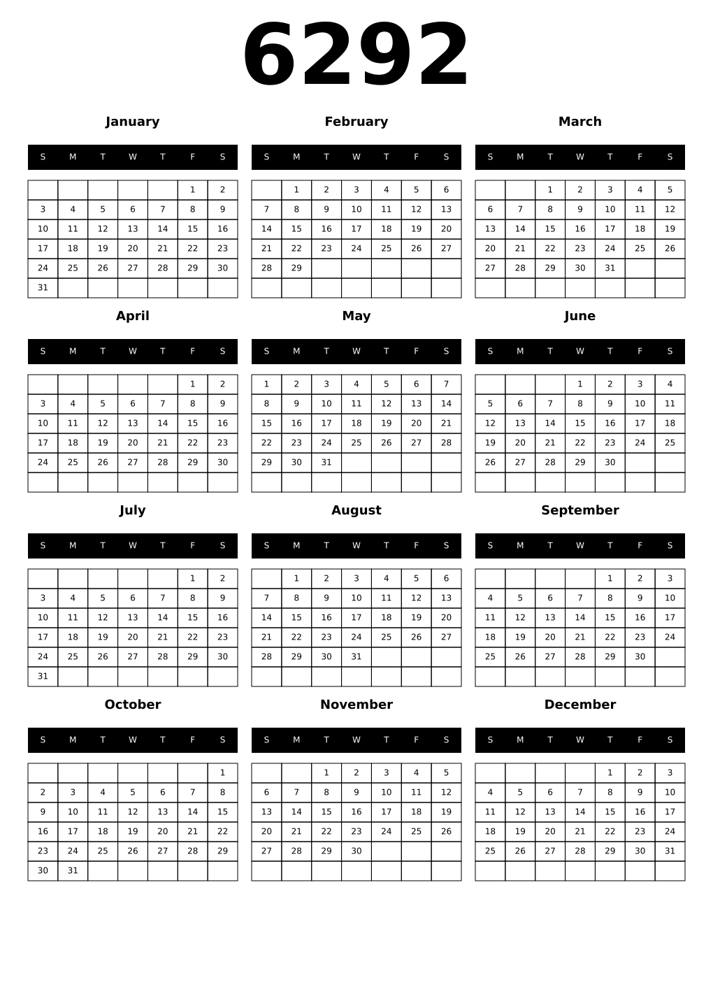 Printable 6292 Year Calendars black