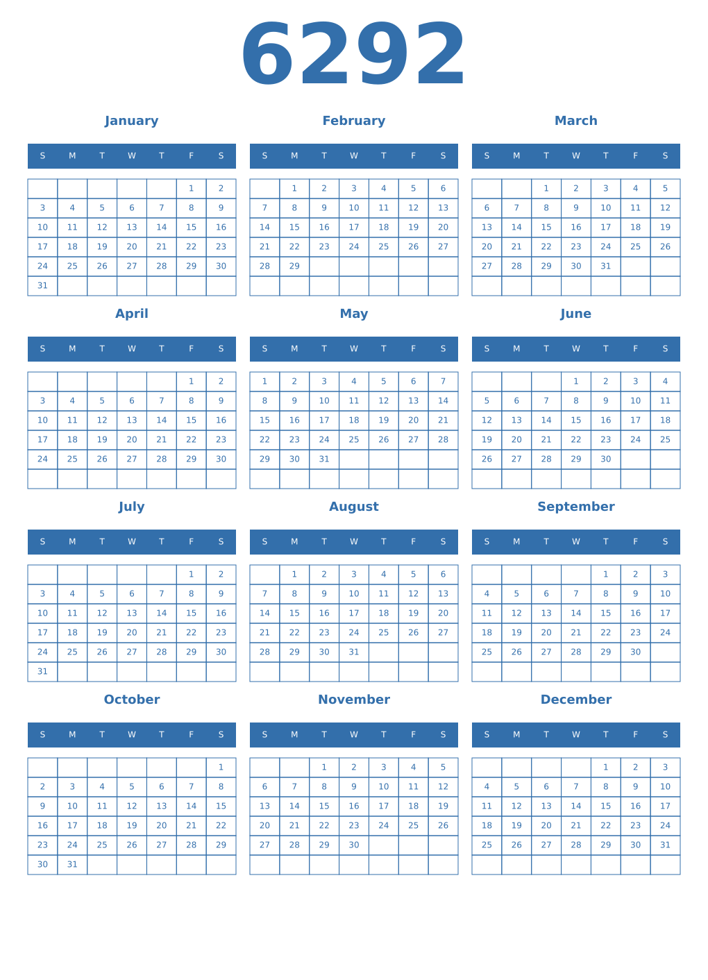 Printable 6292 Year Calendars blue