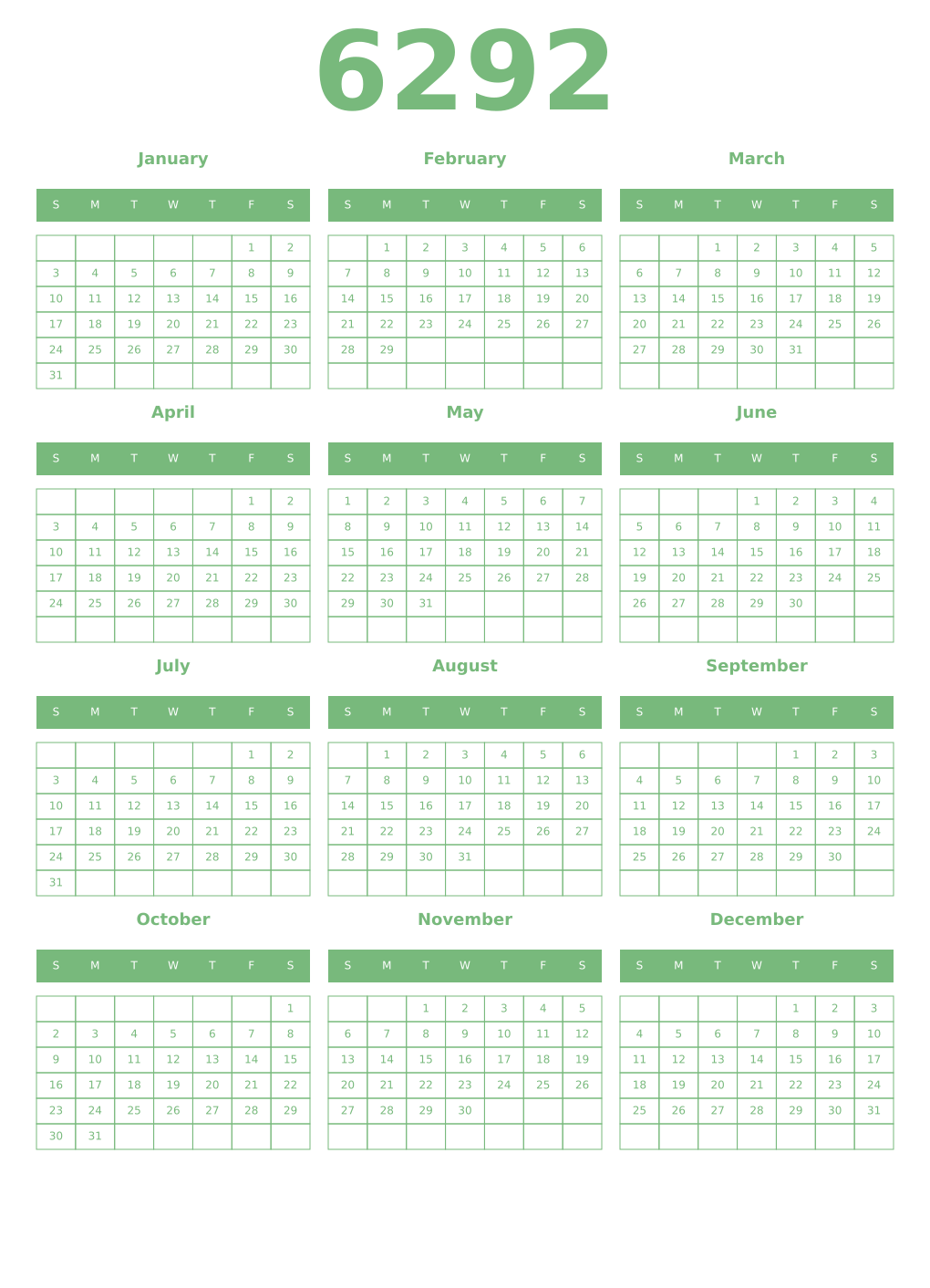 Printable 6292 Year Calendars celadon