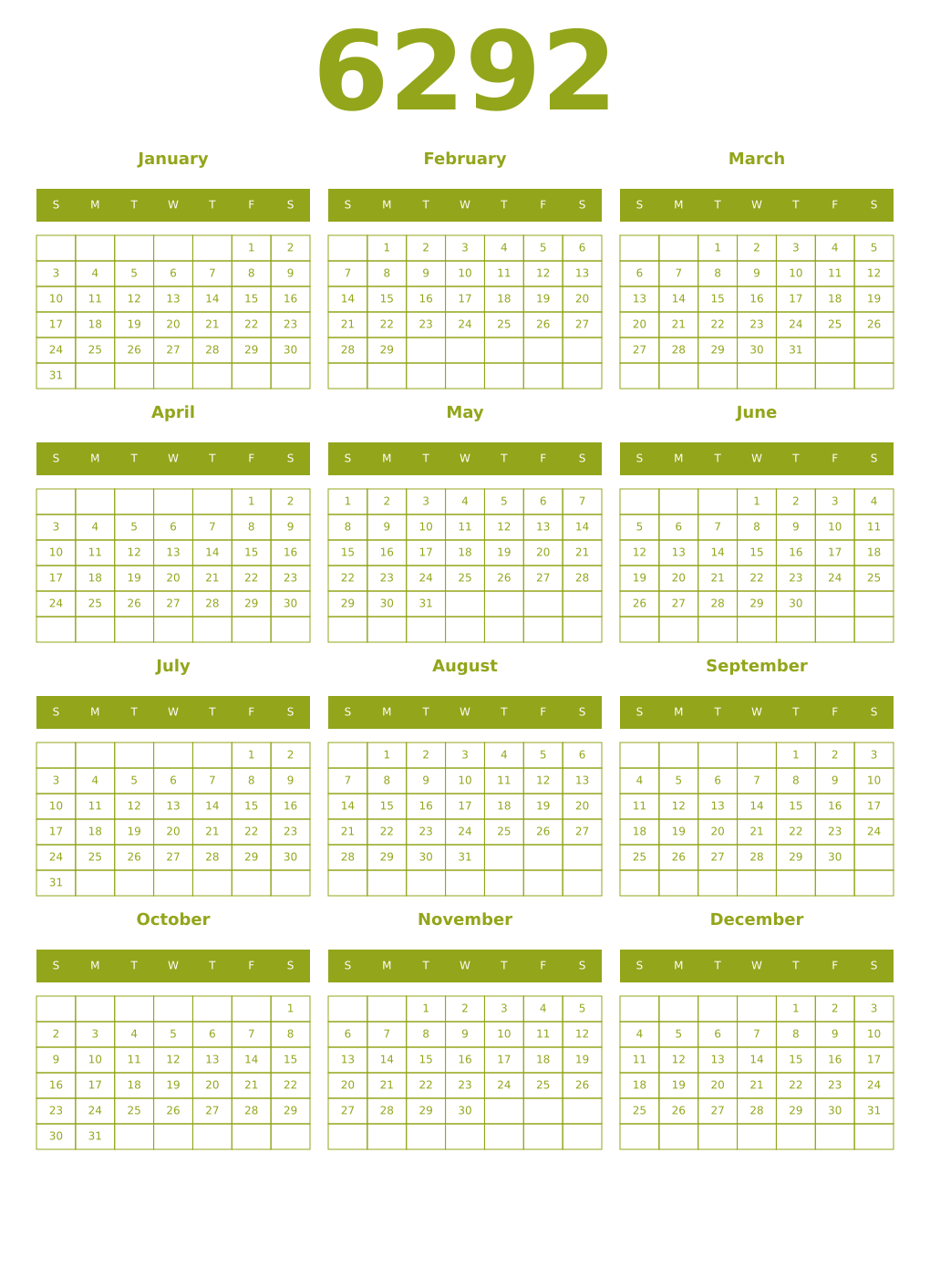 Printable 6292 Year Calendars chartreuse