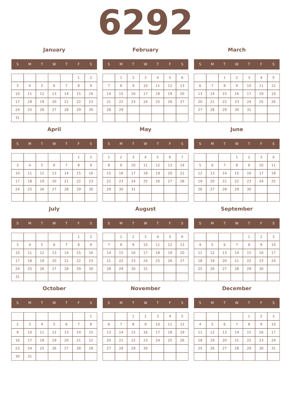 Printable 6292 Year Calendars coffe