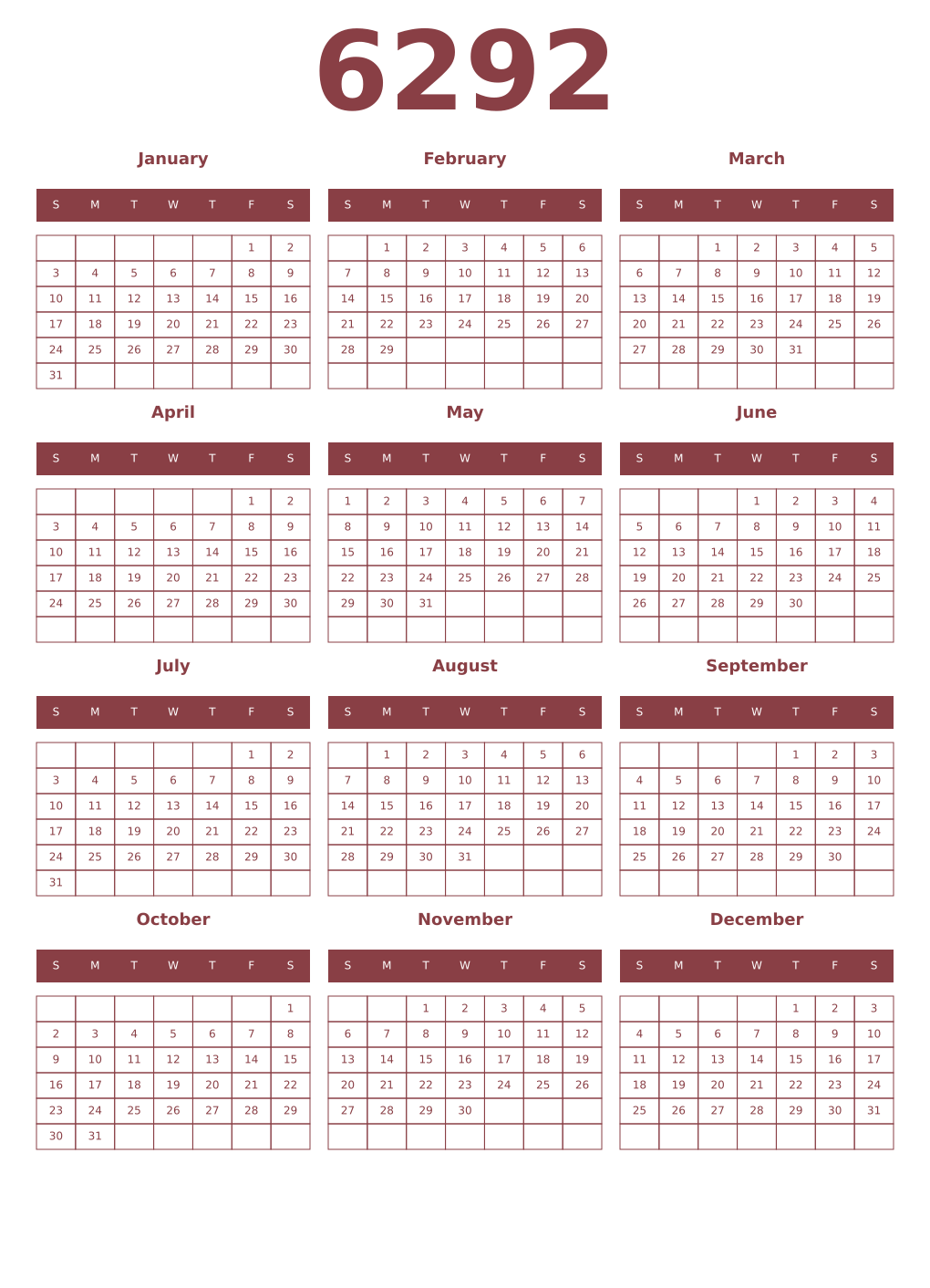 Printable 6292 Year Calendars cordovan