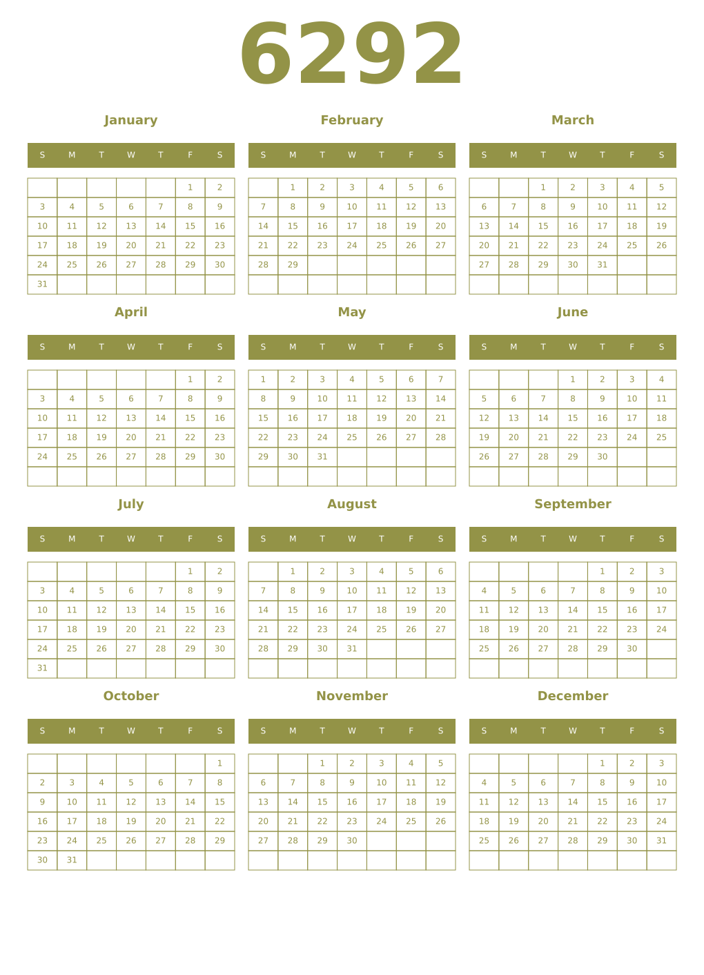 Printable 6292 Year Calendars eburnean