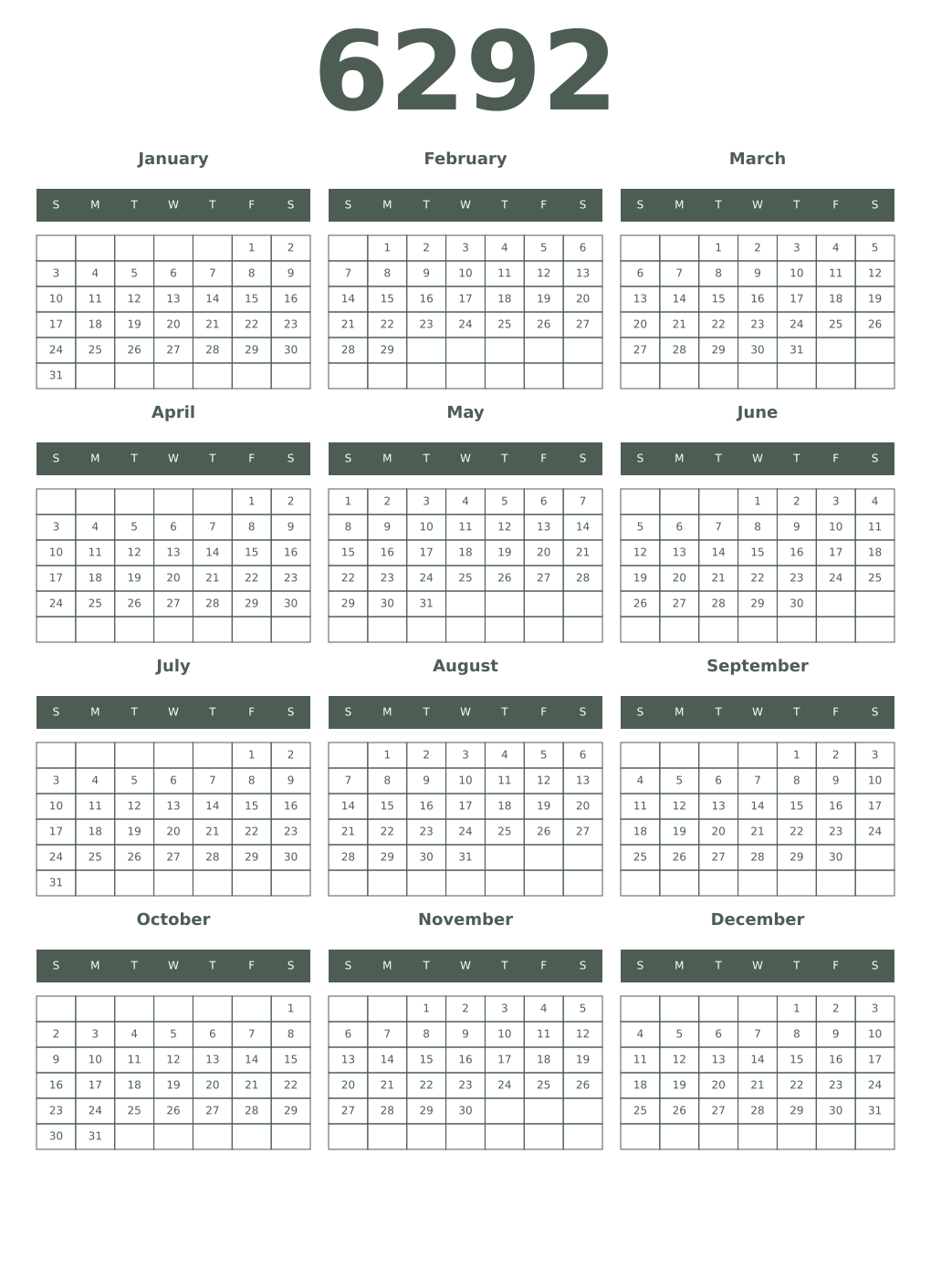 Printable 6292 Year Calendars feldgrau